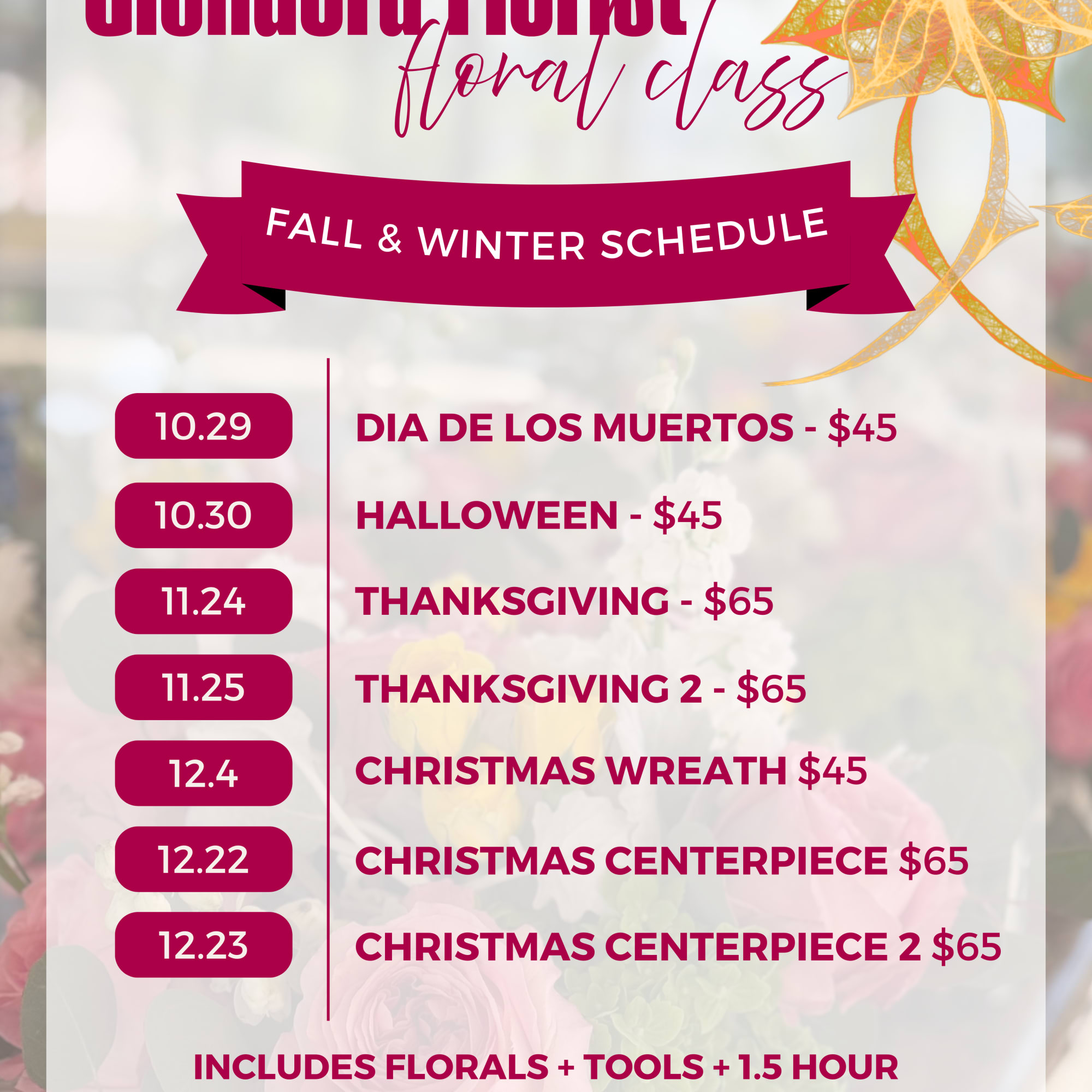 Class begins at 6:30pm
--
10.29 - Dia De Los Muertos $45
10.30 - Halloween Class begins at 6:30pm
--
10.29 - Dia De Los Muertos $45
10.30 - Halloween
