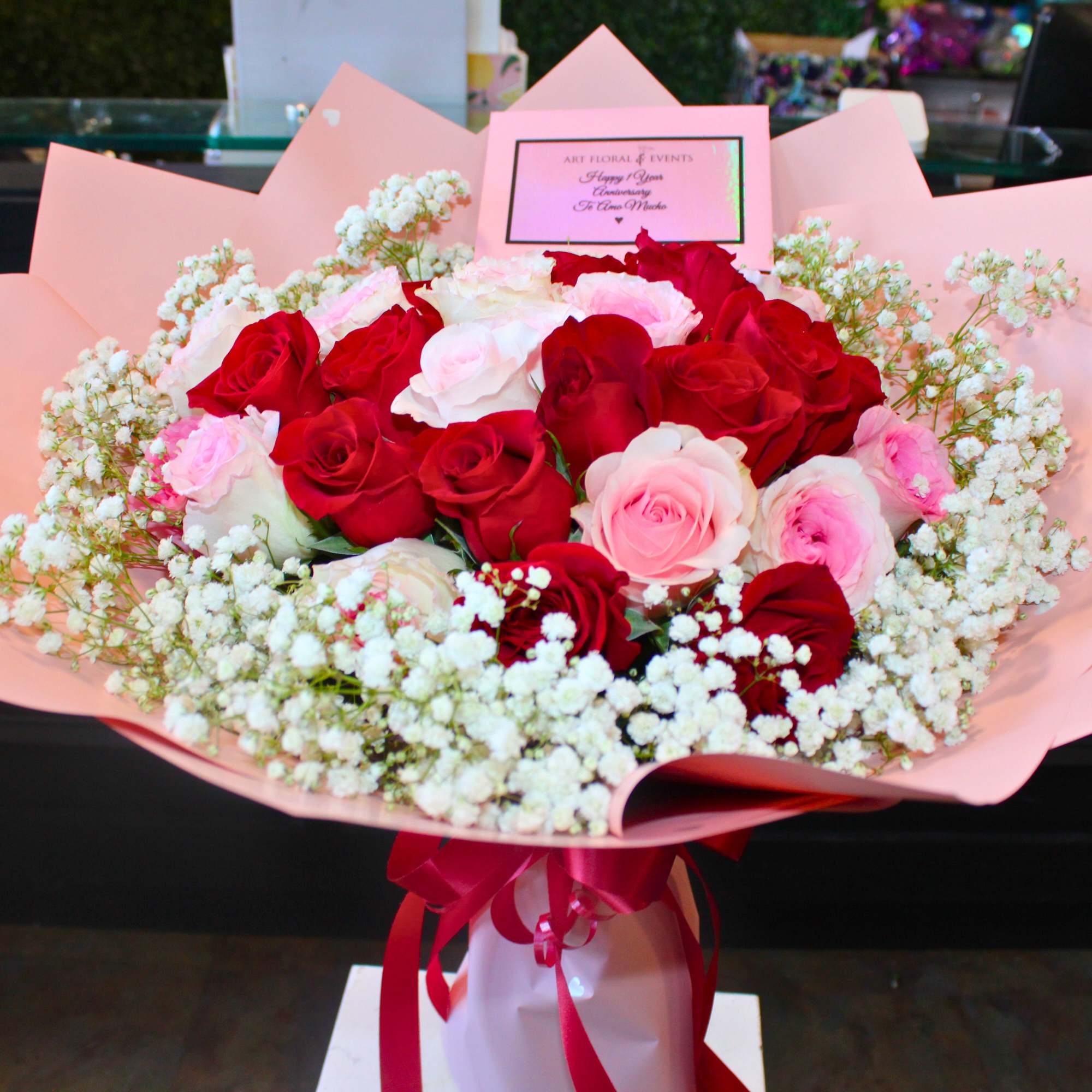 30 Pink and Red Roses. Babies Breathe, 
wrapped in a lux water