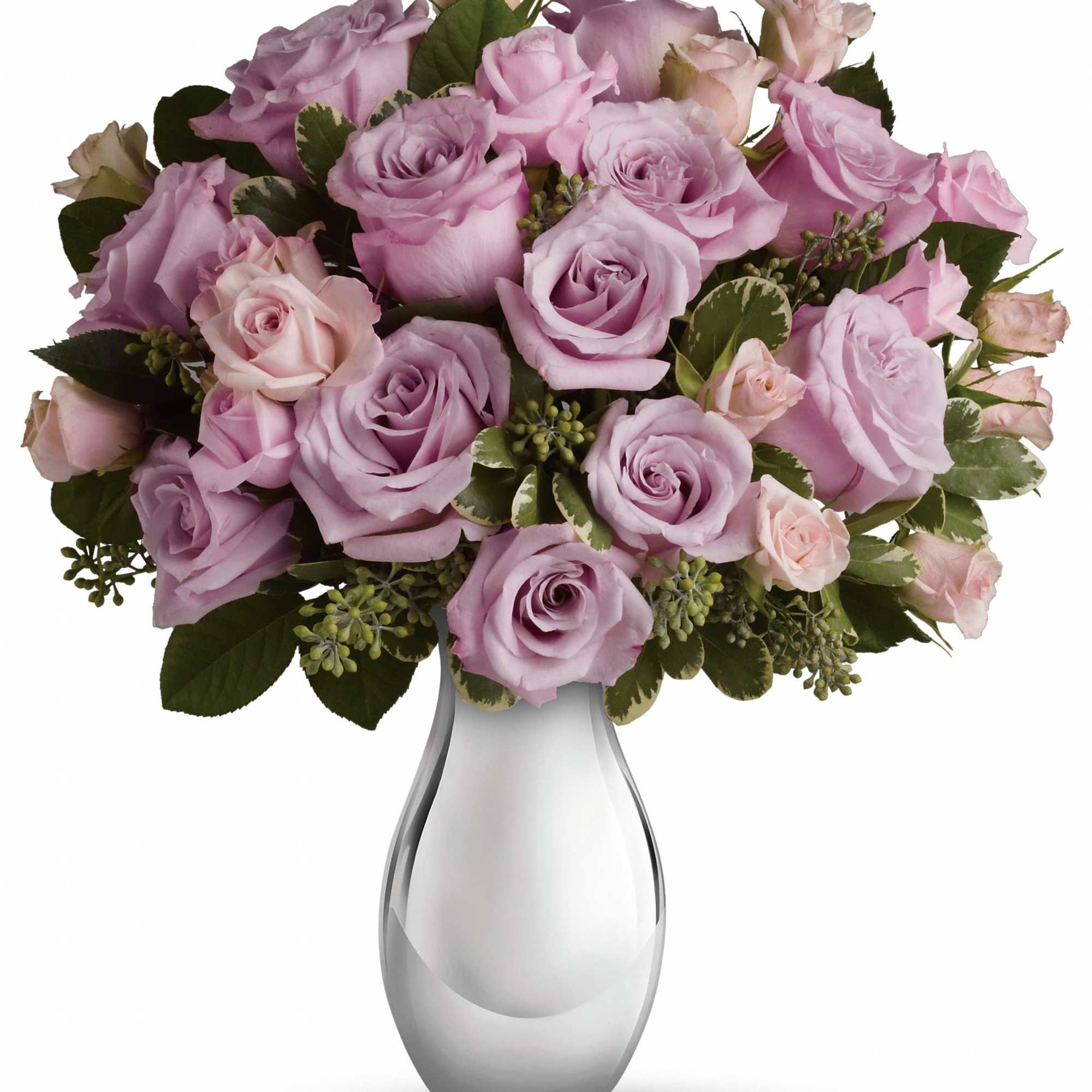 Presenting one dozen luscious lavender roses artistically arranged in a glorious Silver