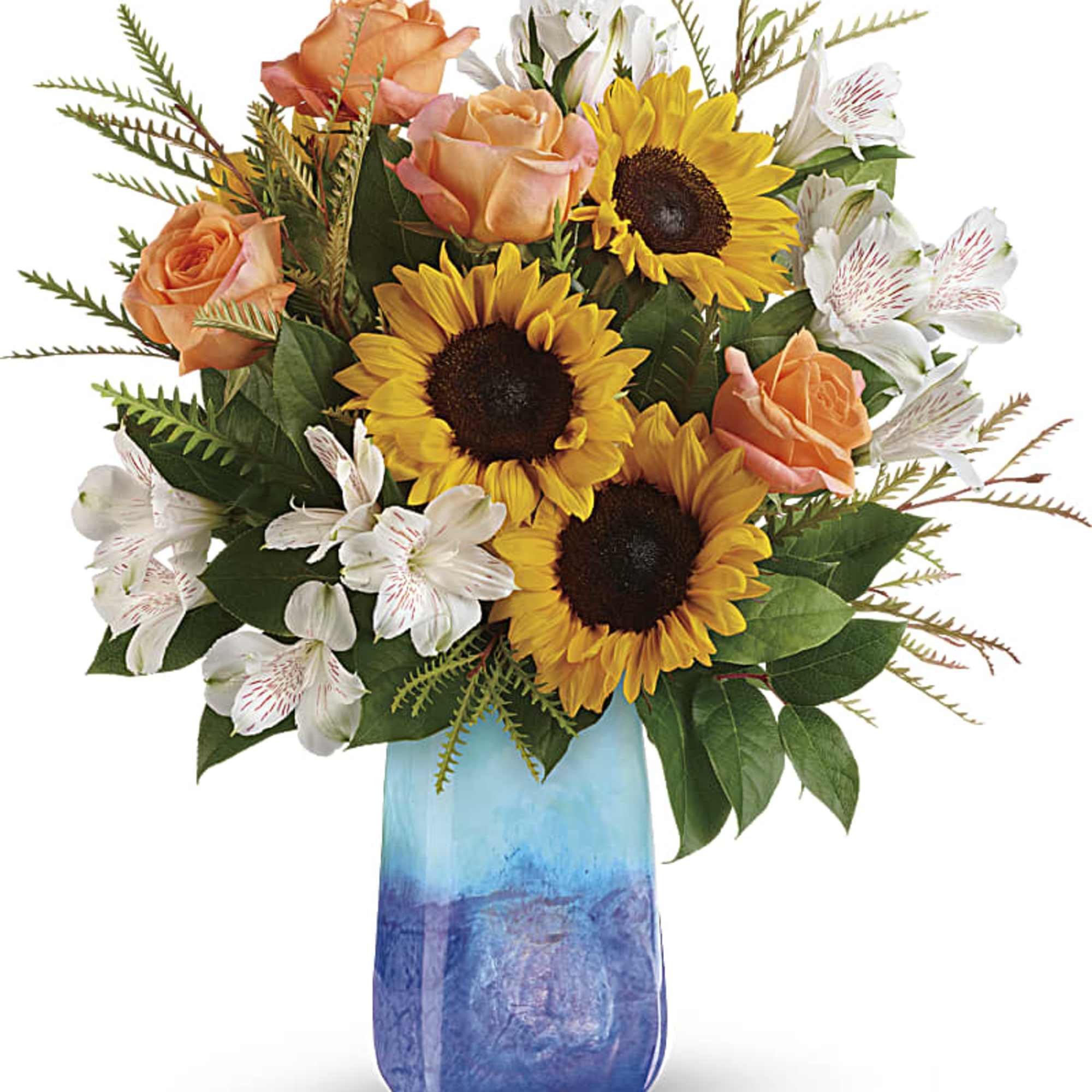 This magnificent arrangement of golden sunflowers and orange roses, presented in a