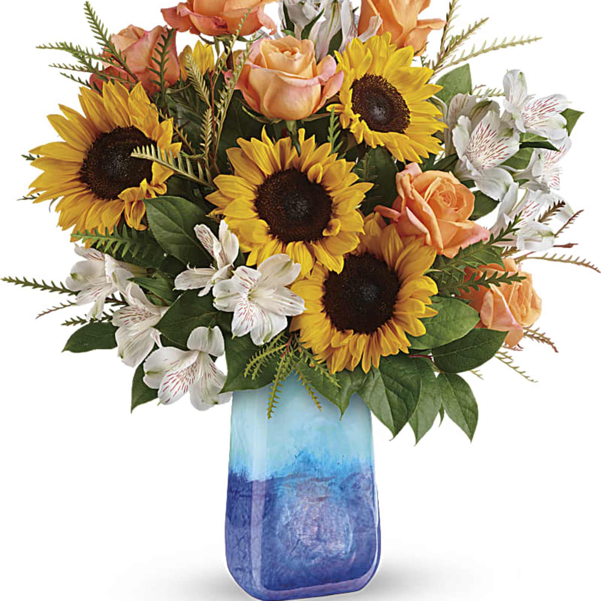 This magnificent arrangement of golden sunflowers and orange roses, presented in a
