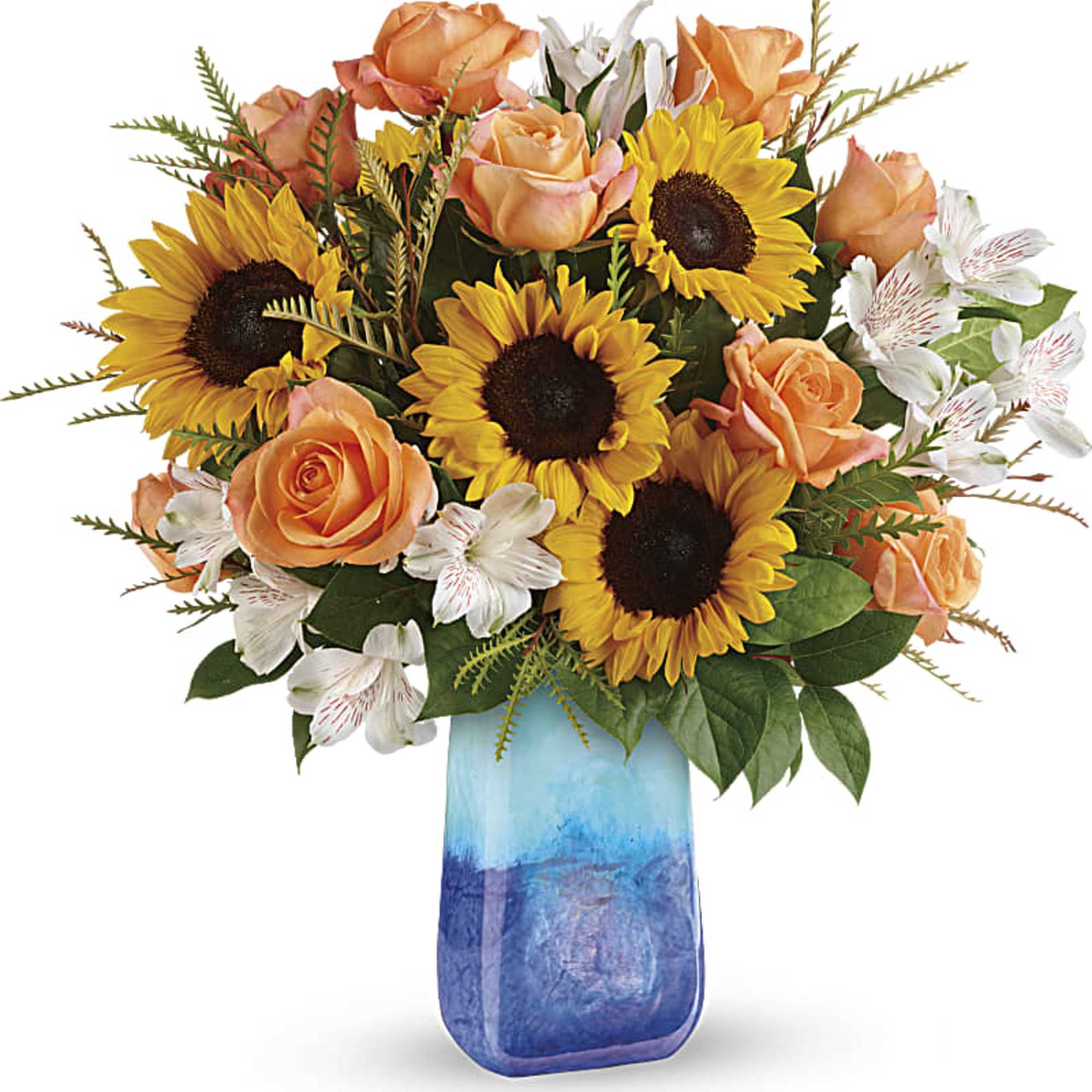 This magnificent arrangement of golden sunflowers and orange roses, presented in a