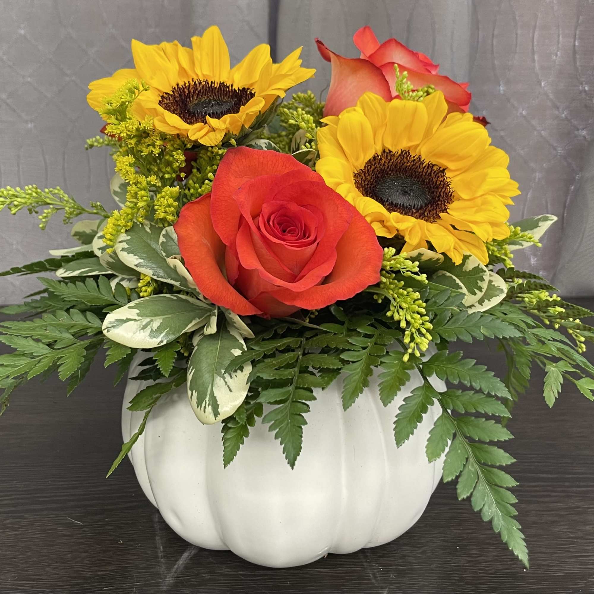 Start your Fall off with this bountiful pumpkin filled with Roses, Sunflowers Start your Fall off with this bountiful pumpkin filled with Roses, Sunflowers