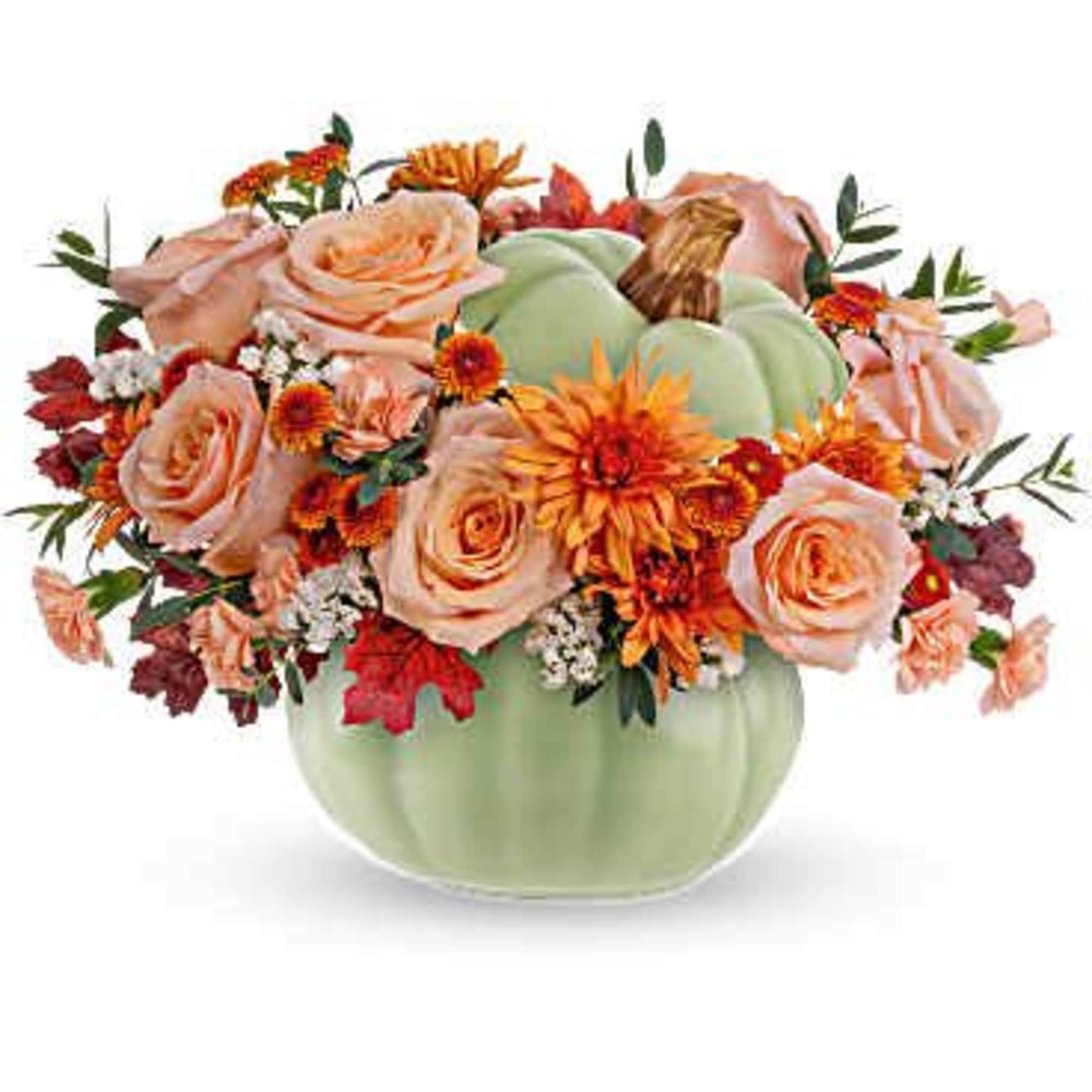 This elegant bouquet features peach roses, carnations, bronze chrysanthemums, and eucalyptus. It This elegant bouquet features peach roses, carnations, bronze chrysanthemums, and eucalyptus. It