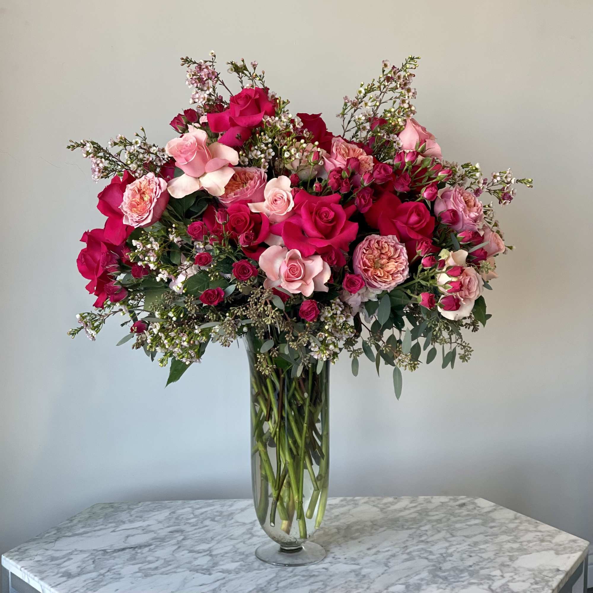 Pinks in our tall glass vase Pinks in our tall glass vase
