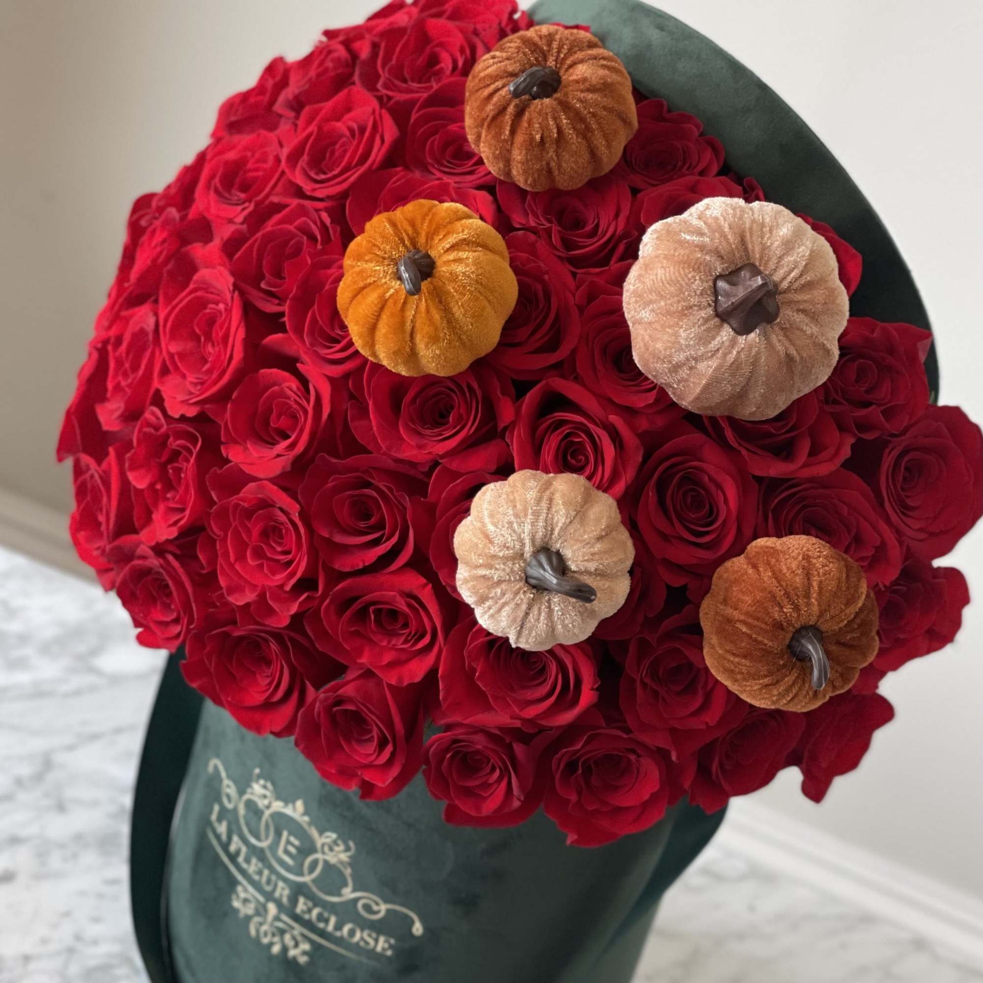 Standard 50 red roses with velvet pumpkins 
Deluxe 75 red roses with Standard 50 red roses with velvet pumpkins 
Deluxe 75 red roses with