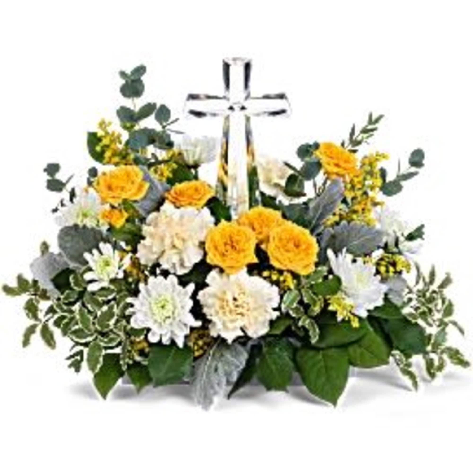 Encircling a beautiful crystal cross keepsake, this sunny bouquet of roses and Encircling a beautiful crystal cross keepsake, this sunny bouquet of roses and