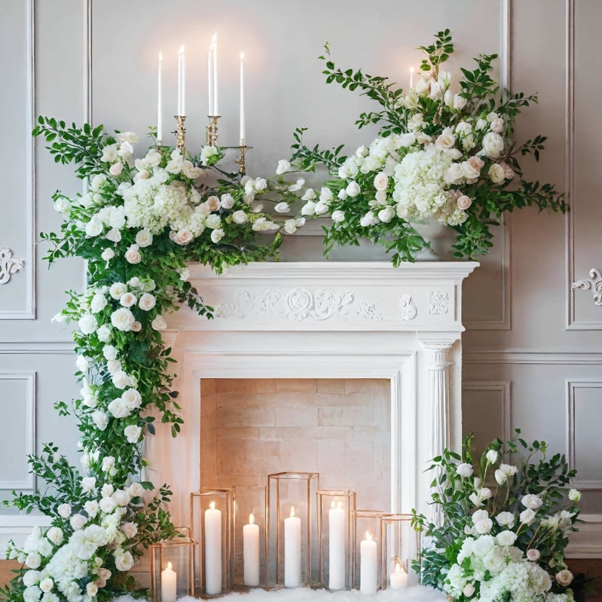 Transform your wedding with a custom-decorated fireplace adorned with fresh white flowers