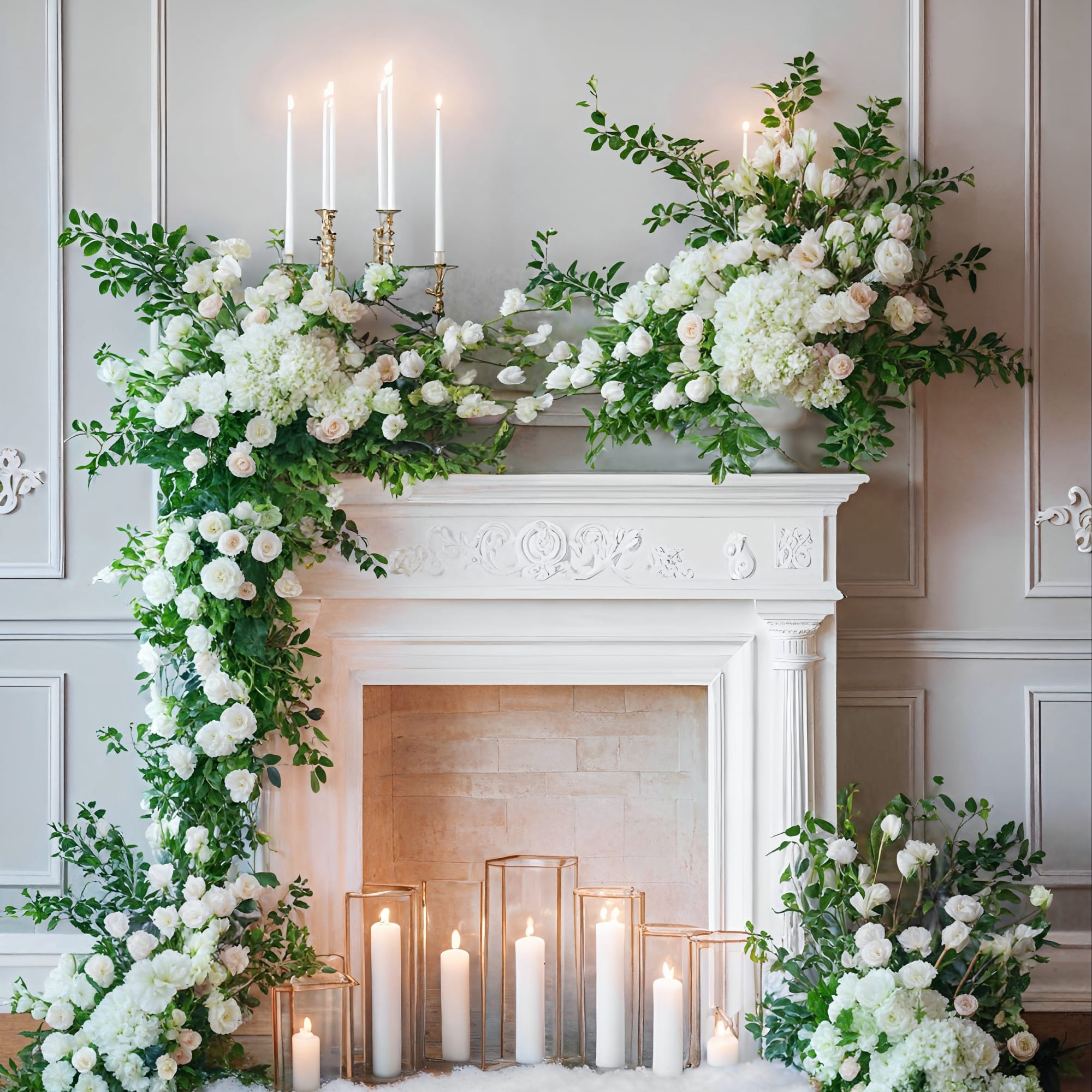 Transform your wedding with a custom-decorated fireplace adorned with fresh white flowers