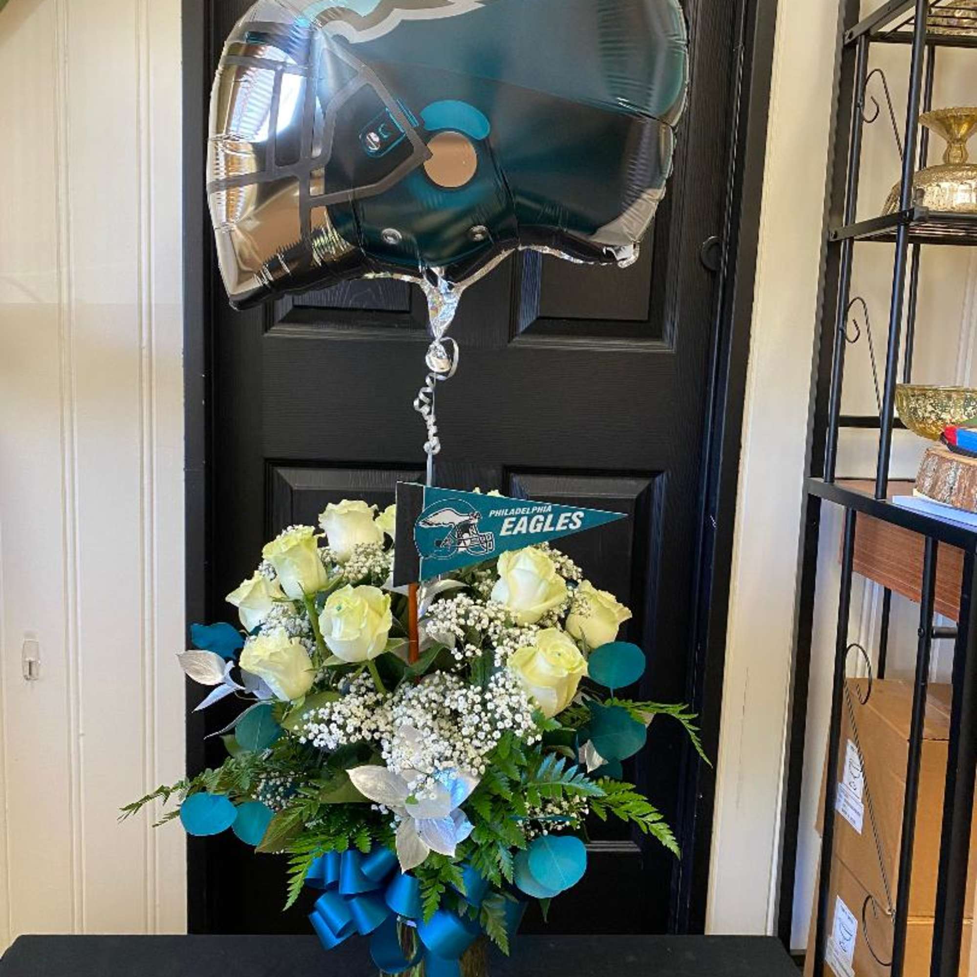 Two birds, one stone. 
Send our one dozen white roses with green