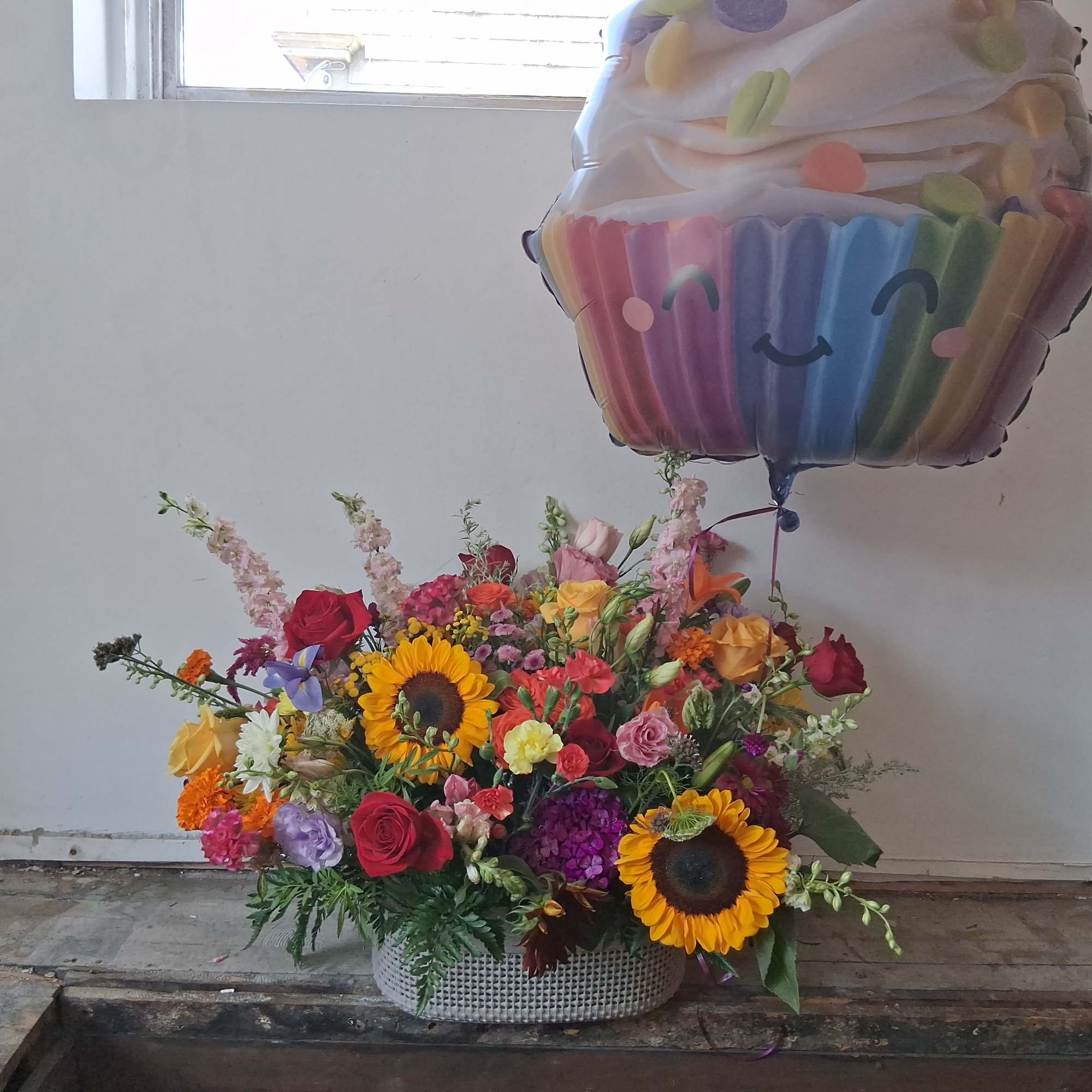 Beautiful assorted &quot;celebration&quot; colors flowers/ roses, alstroemeria, carnations, daisies, lisiantus, sunflowers and