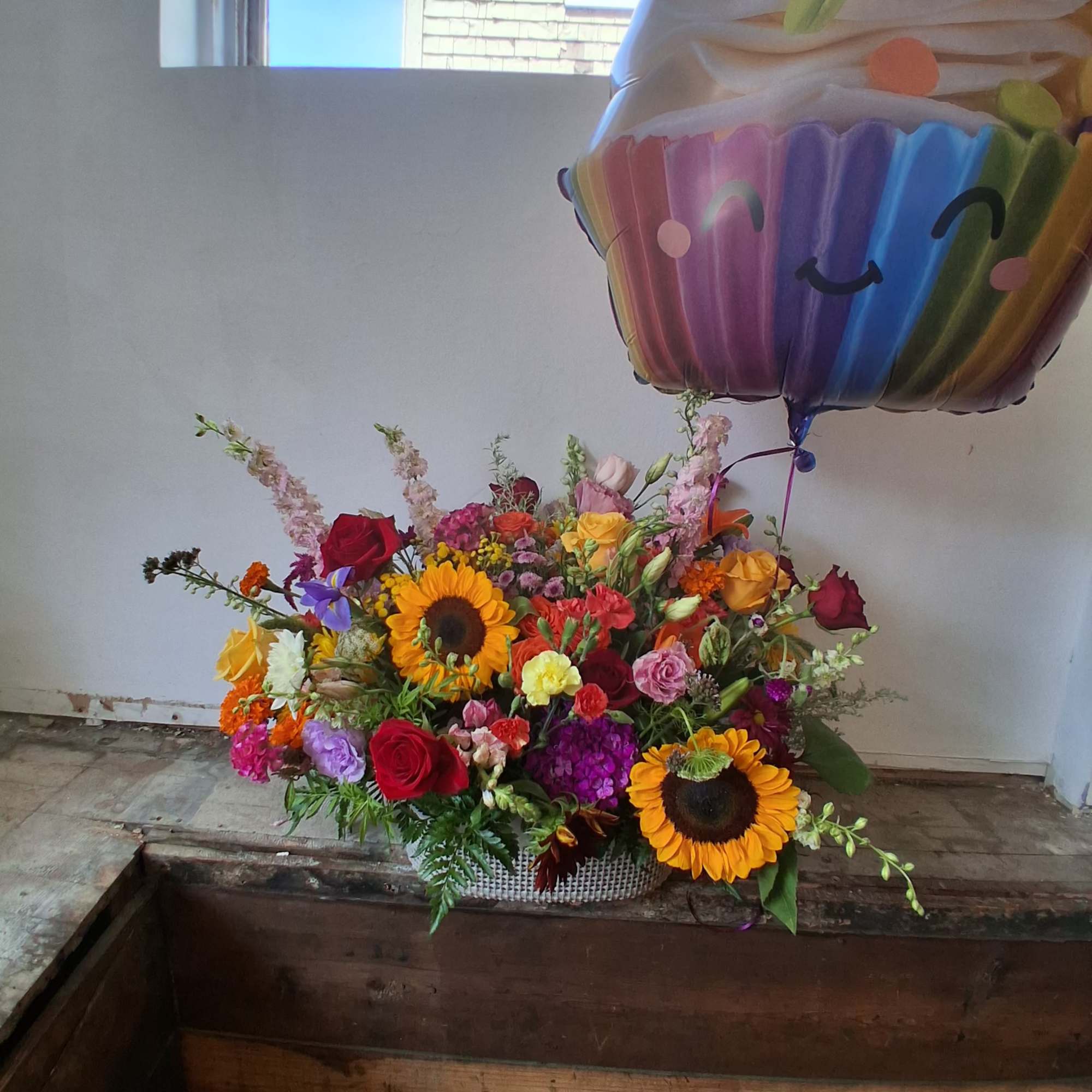 Beautiful assorted &quot;celebration&quot; colors flowers/ roses, alstroemeria, carnations, daisies, lisiantus, sunflowers and