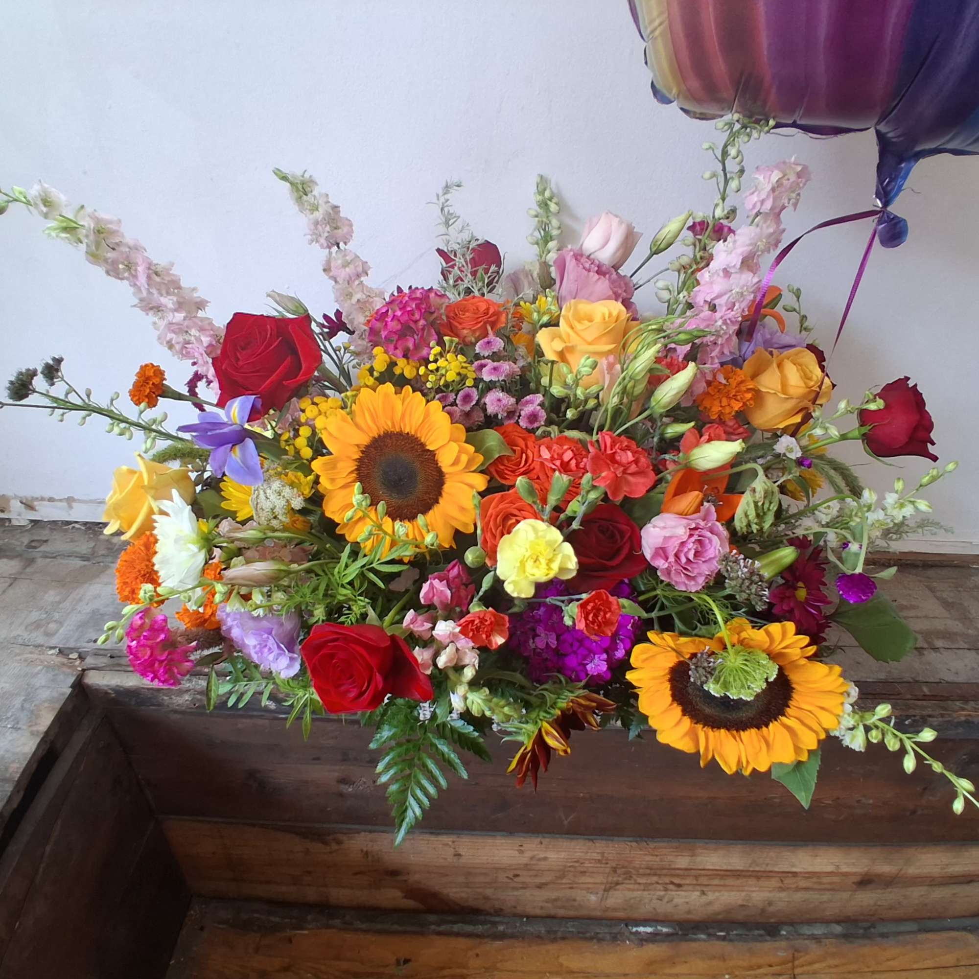 Beautiful assorted &quot;celebration&quot; colors flowers/ roses, alstroemeria, carnations, daisies, lisiantus, sunflowers and