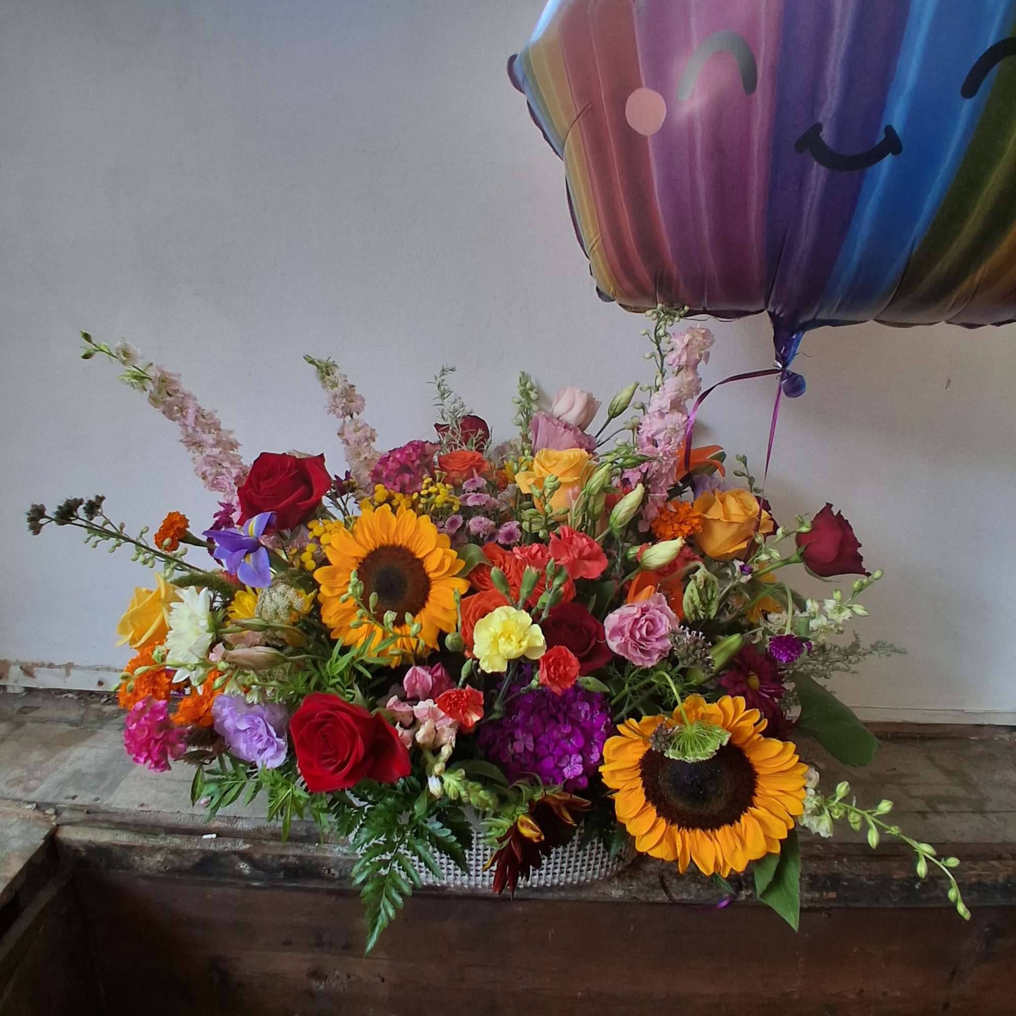 Beautiful assorted &quot;celebration&quot; colors flowers/ roses, alstroemeria, carnations, daisies, lisiantus, sunflowers and