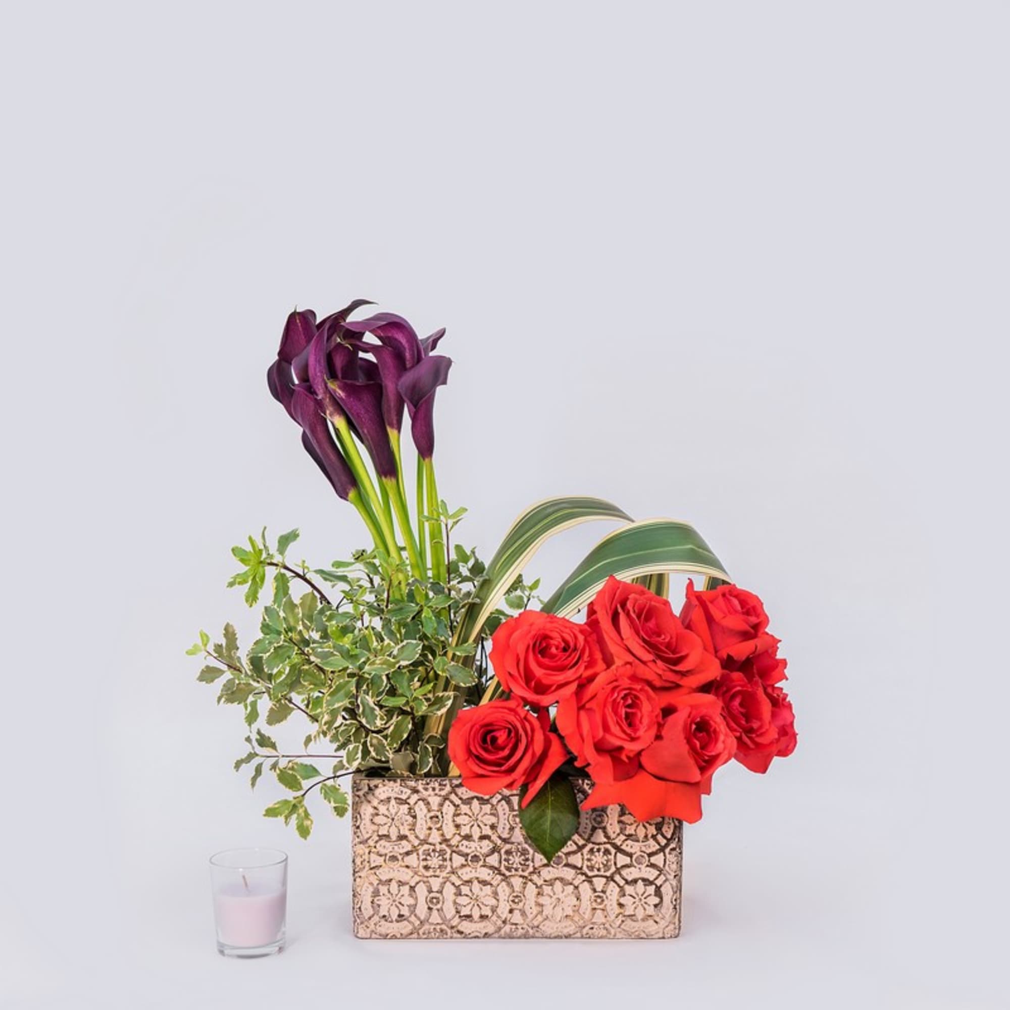 Cala Lilies, roses, ceramic container