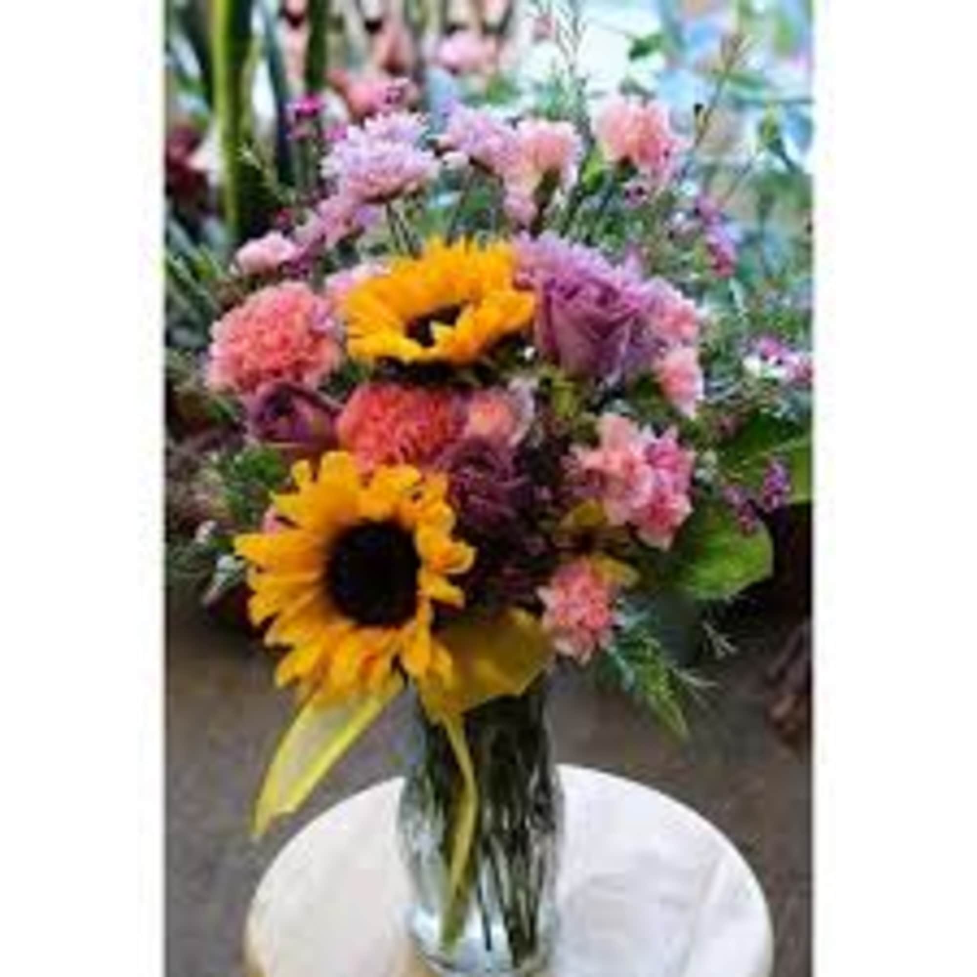 sunflower, roses, and carnation, stock 