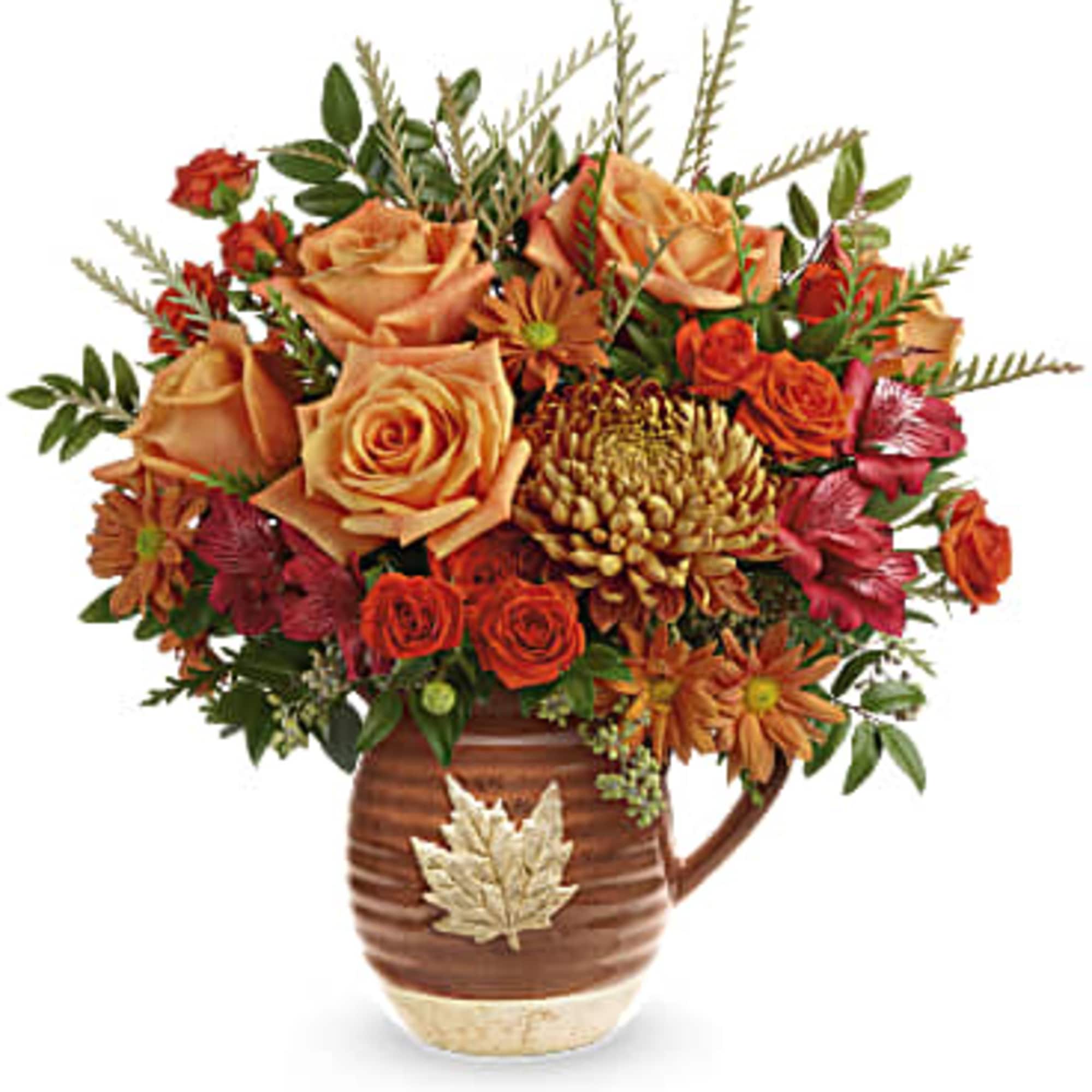 Capture the beauty of cascading fall leaves with this heartwarming rose bouquet Capture the beauty of cascading fall leaves with this heartwarming rose bouquet