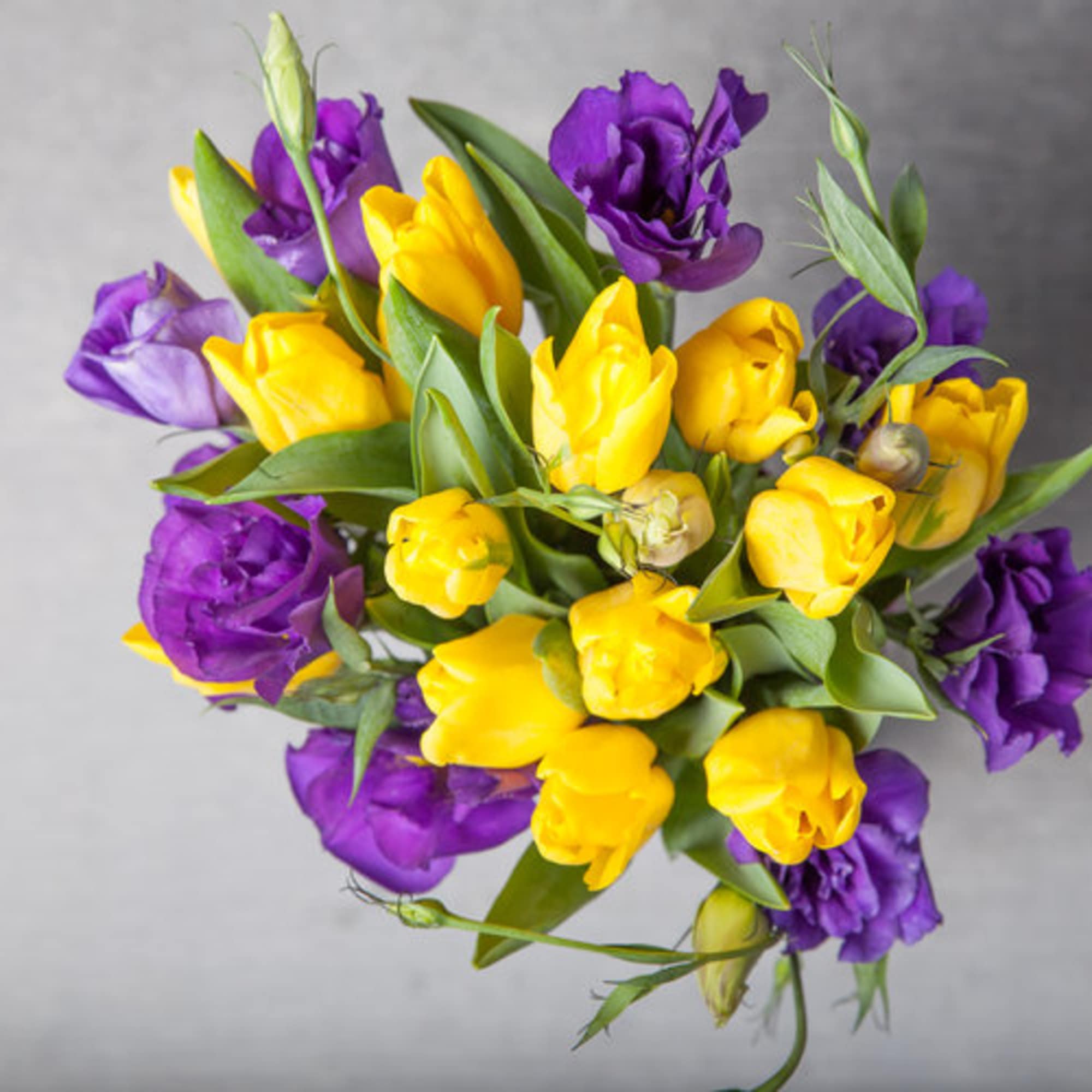Lovely long-stemmed yellow tulips dance with blooms of complimentary purple tones in