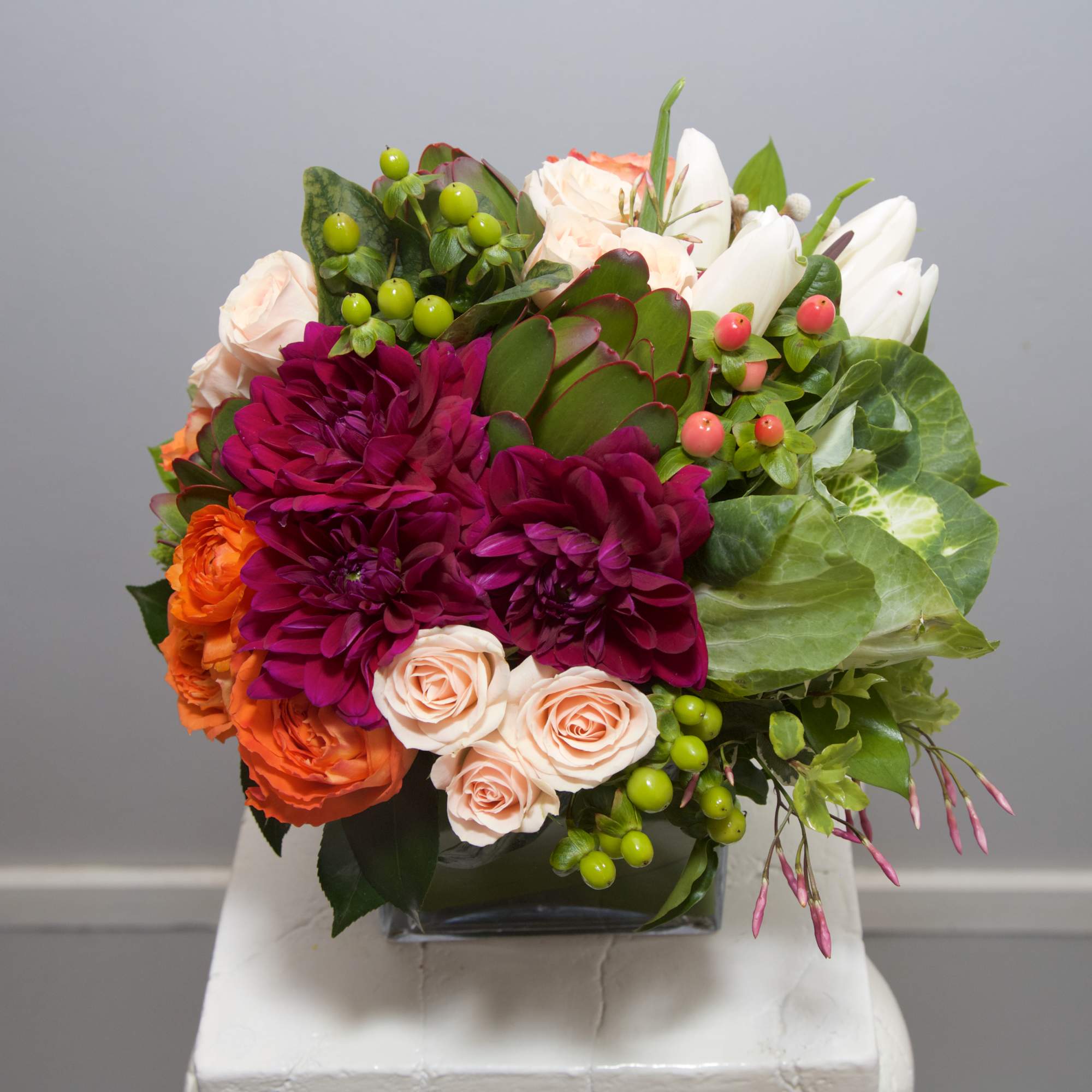 There&#039;s nothing like this bountiful arrangement of Dahlias, Succulents, Roses, Tulips and