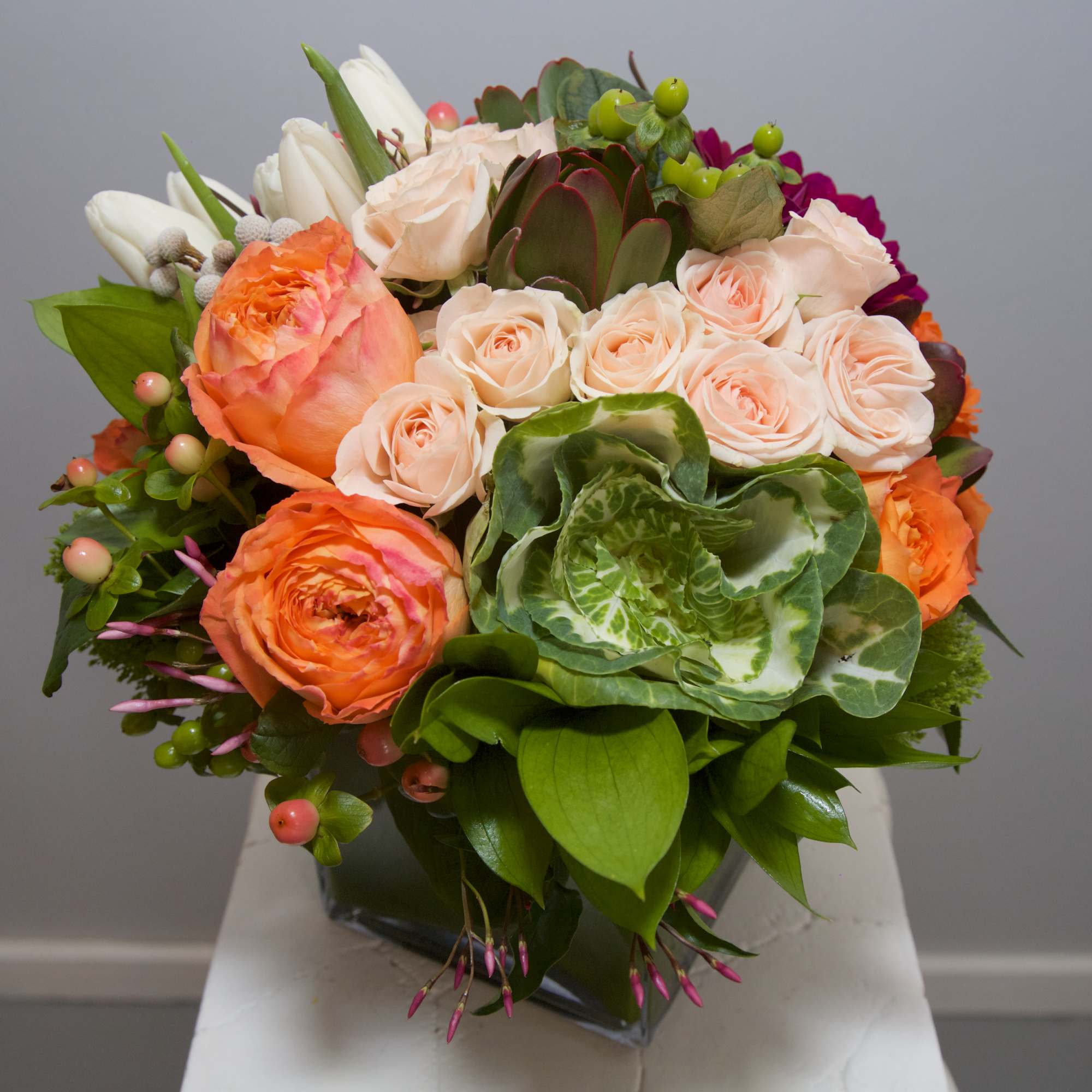 There&#039;s nothing like this bountiful arrangement of Dahlias, Succulents, Roses, Tulips and