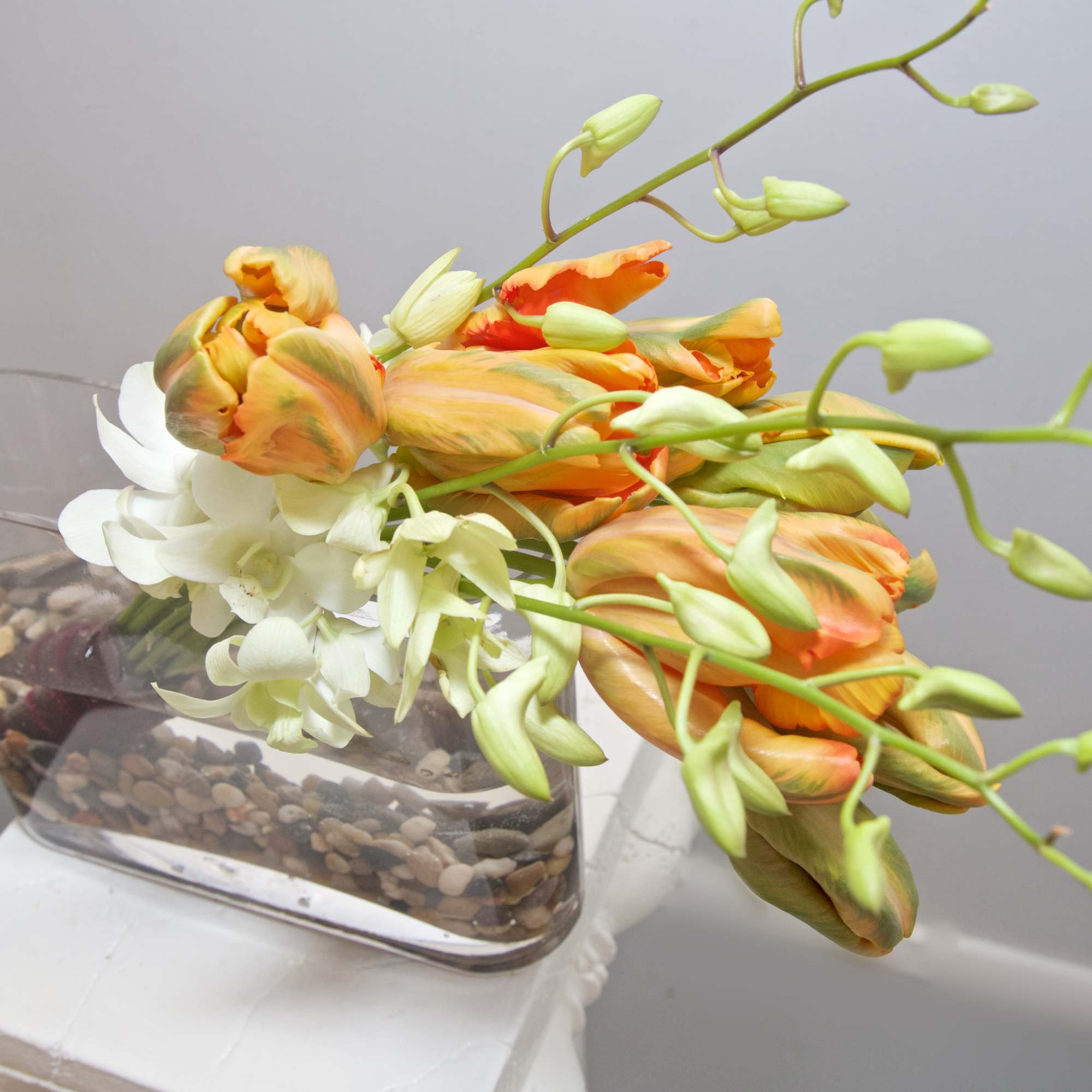 Very contemporary design with gorgeous French Tulips and Orchids - available in