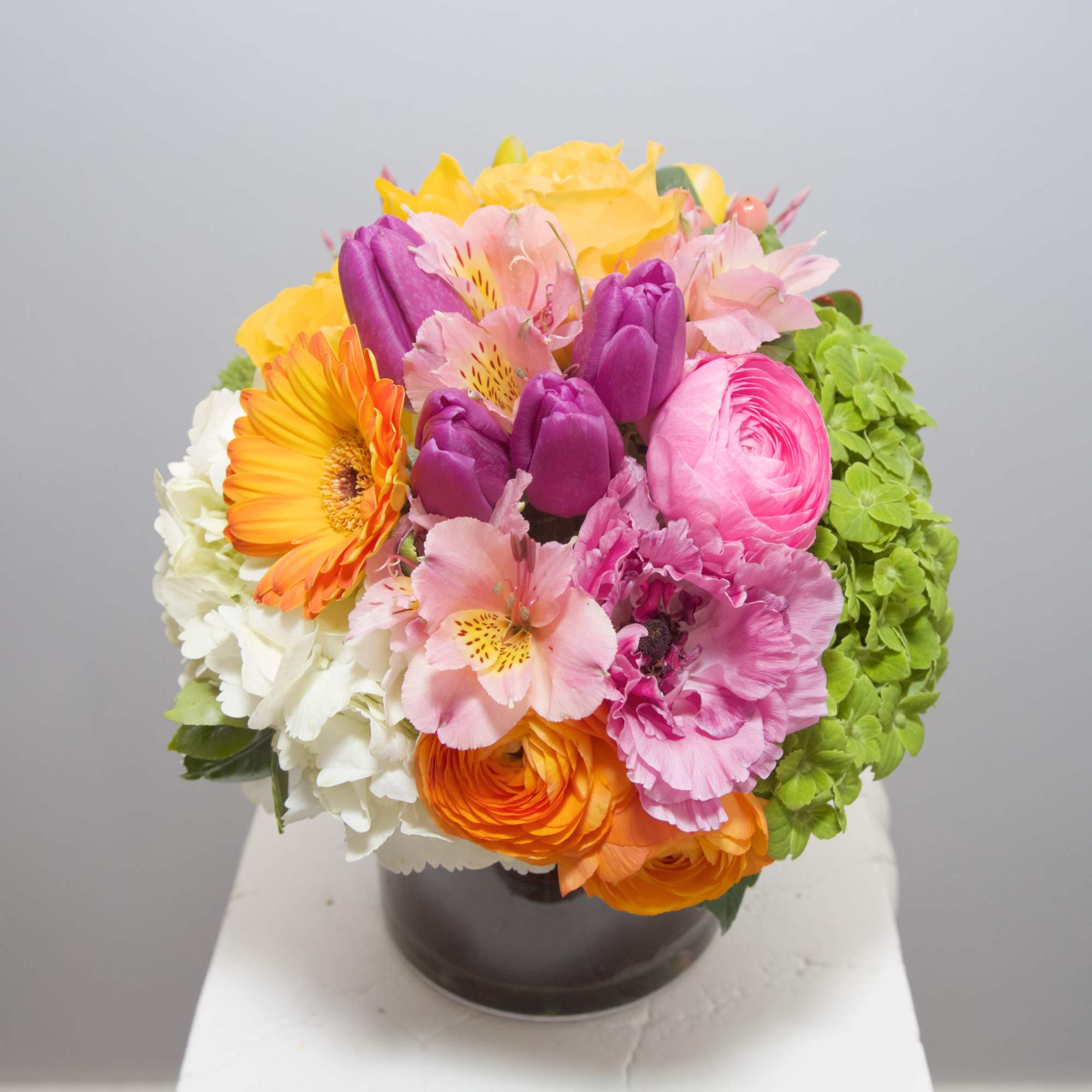 Delight your Beloveds with this bright, happy arrangement of Hydrangeas, Gerbera Dasies