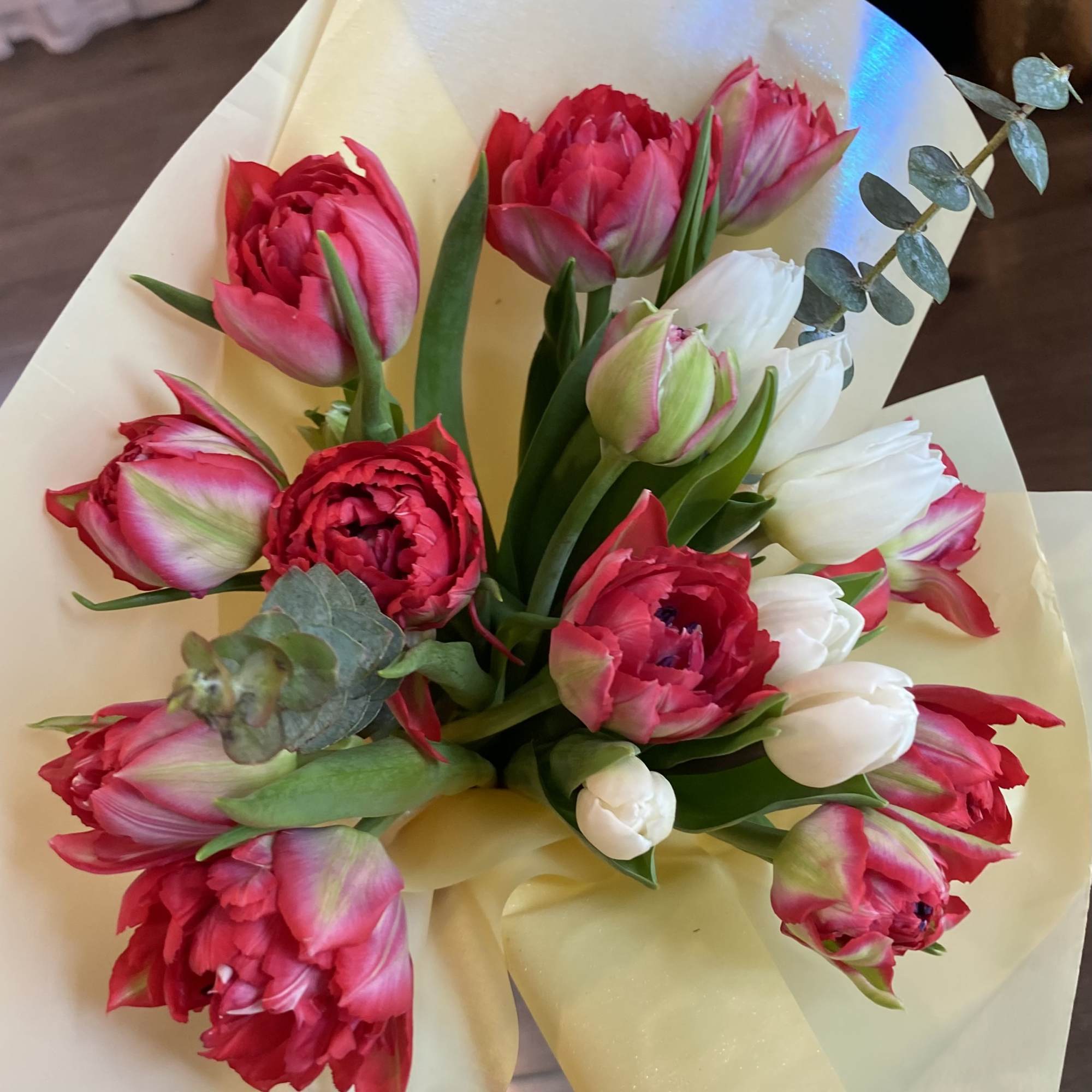 Tulips and eucalyptus,  in small bouquet wrapped.  Glass vase not