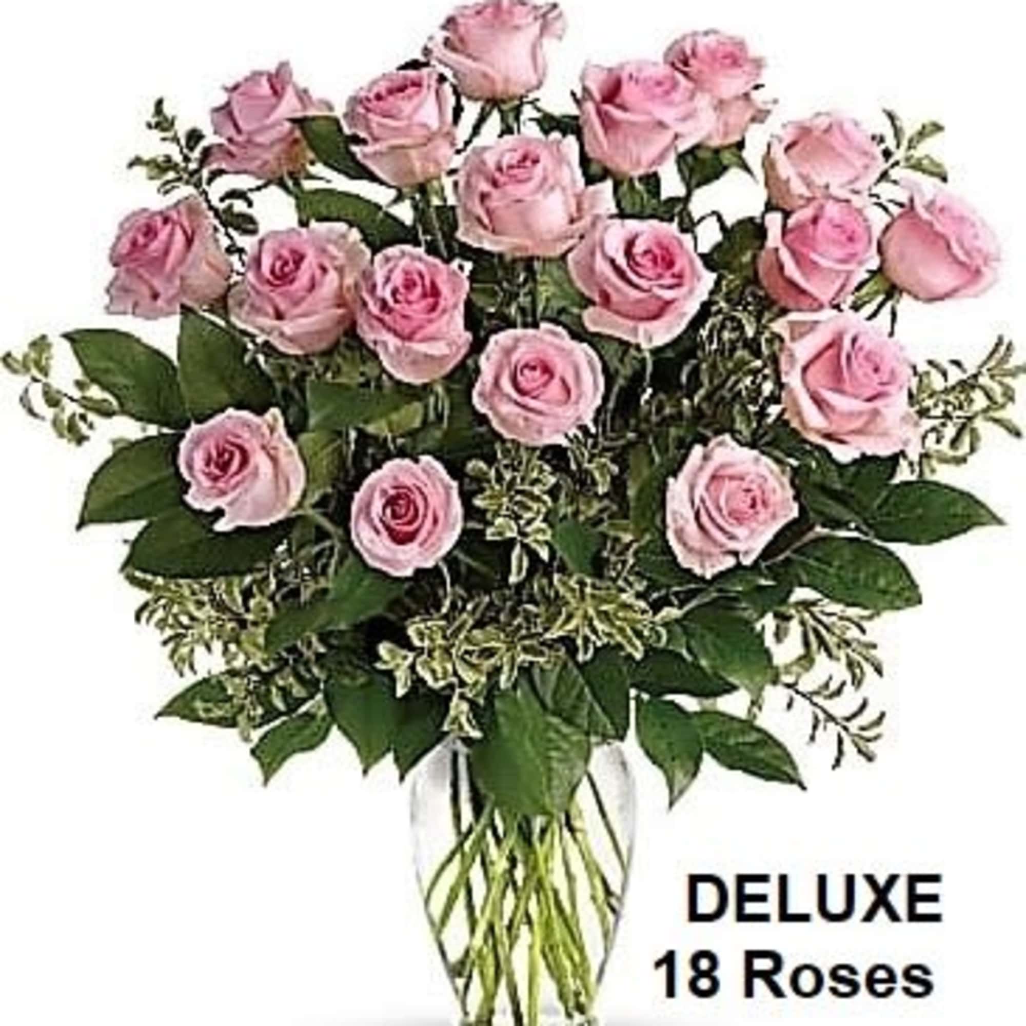 Standard: 12 Pink Roses long stem arranged in a vase
Deluxe: 18 Roses Standard: 12 Pink Roses long stem arranged in a vase
Deluxe: 18 Roses