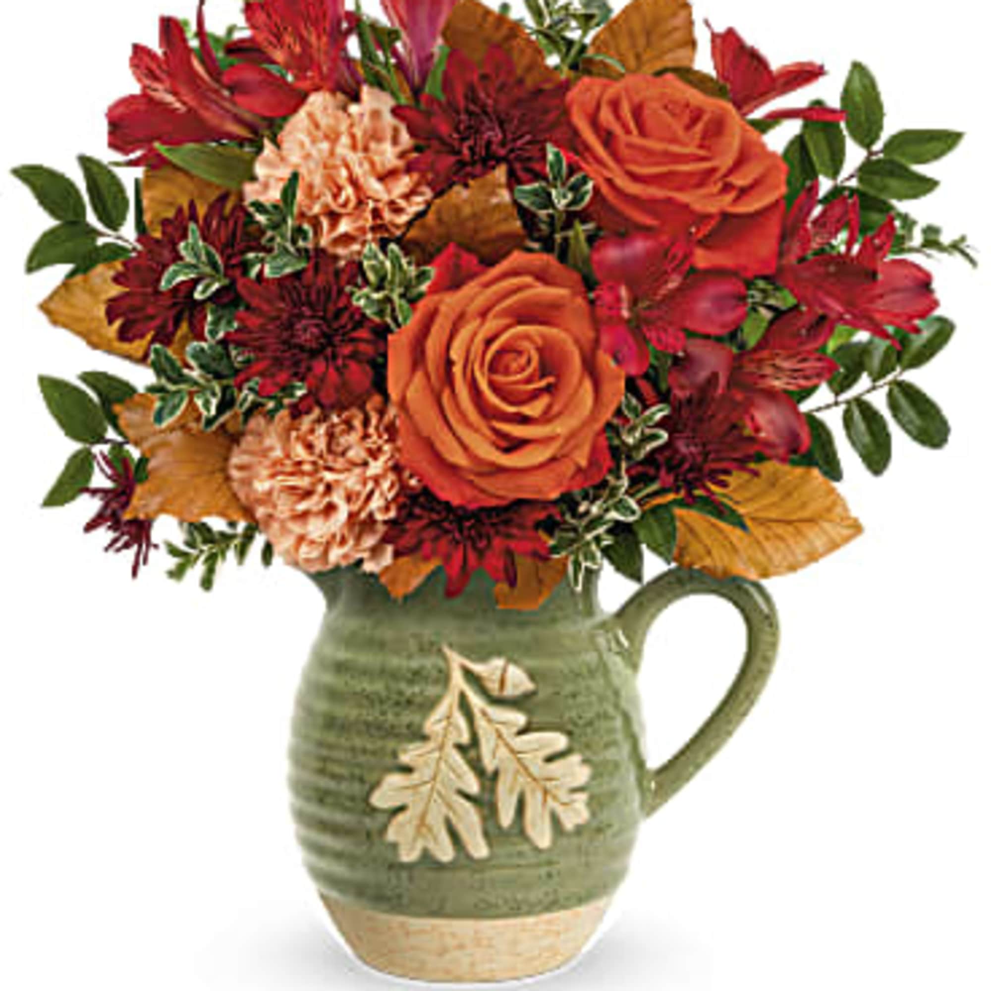 Charming Acorn Bouquet embraces autumn. This charming glazed stoneware pitcher is bursting Charming Acorn Bouquet embraces autumn. This charming glazed stoneware pitcher is bursting