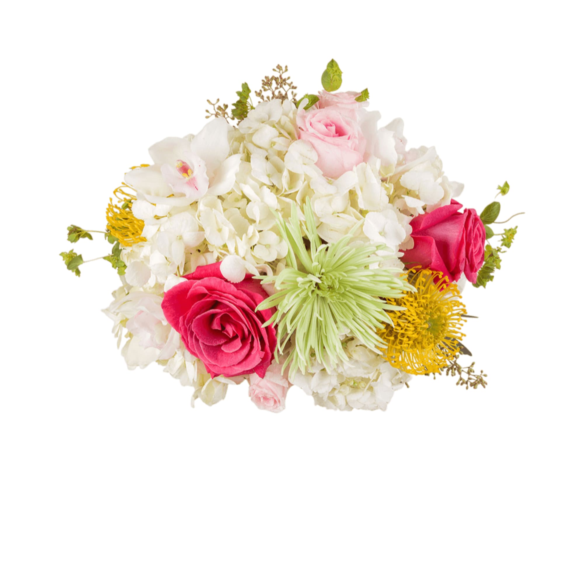 This arrangement includes cymbidium orchids, protea, hydrangea, roses, and other seasonal blooms.