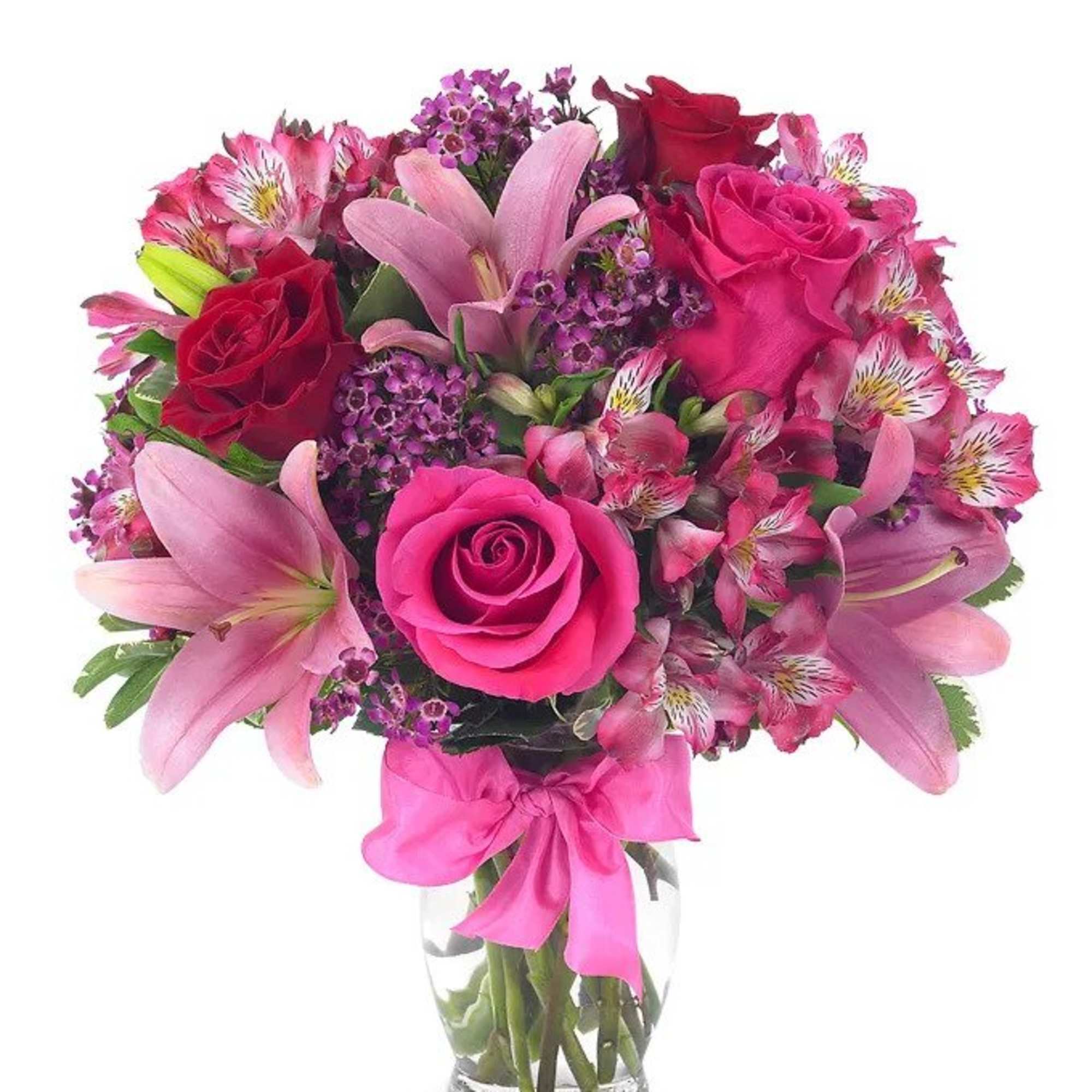 Lilies, roses, alstroemeria with fillers &amp; a cute bow show off all