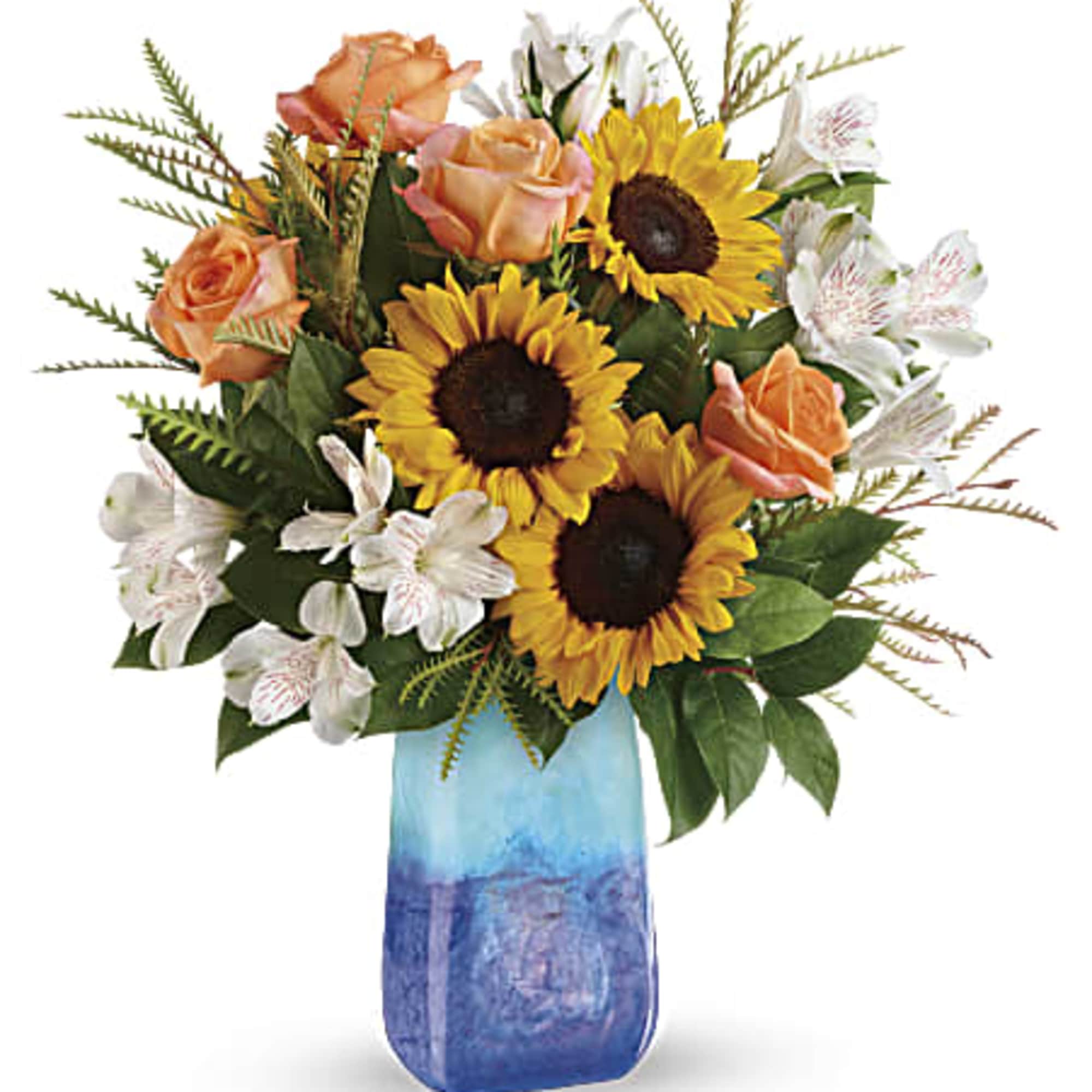 What a beauty! This bold bouquet of radiant sunflowers and orange roses