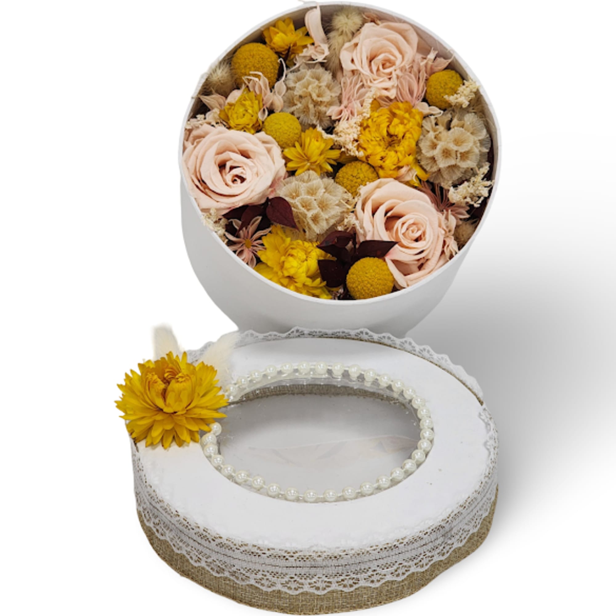 Eternal Glow is a beautiful keepsake arrangement featuring preserved roses and dried