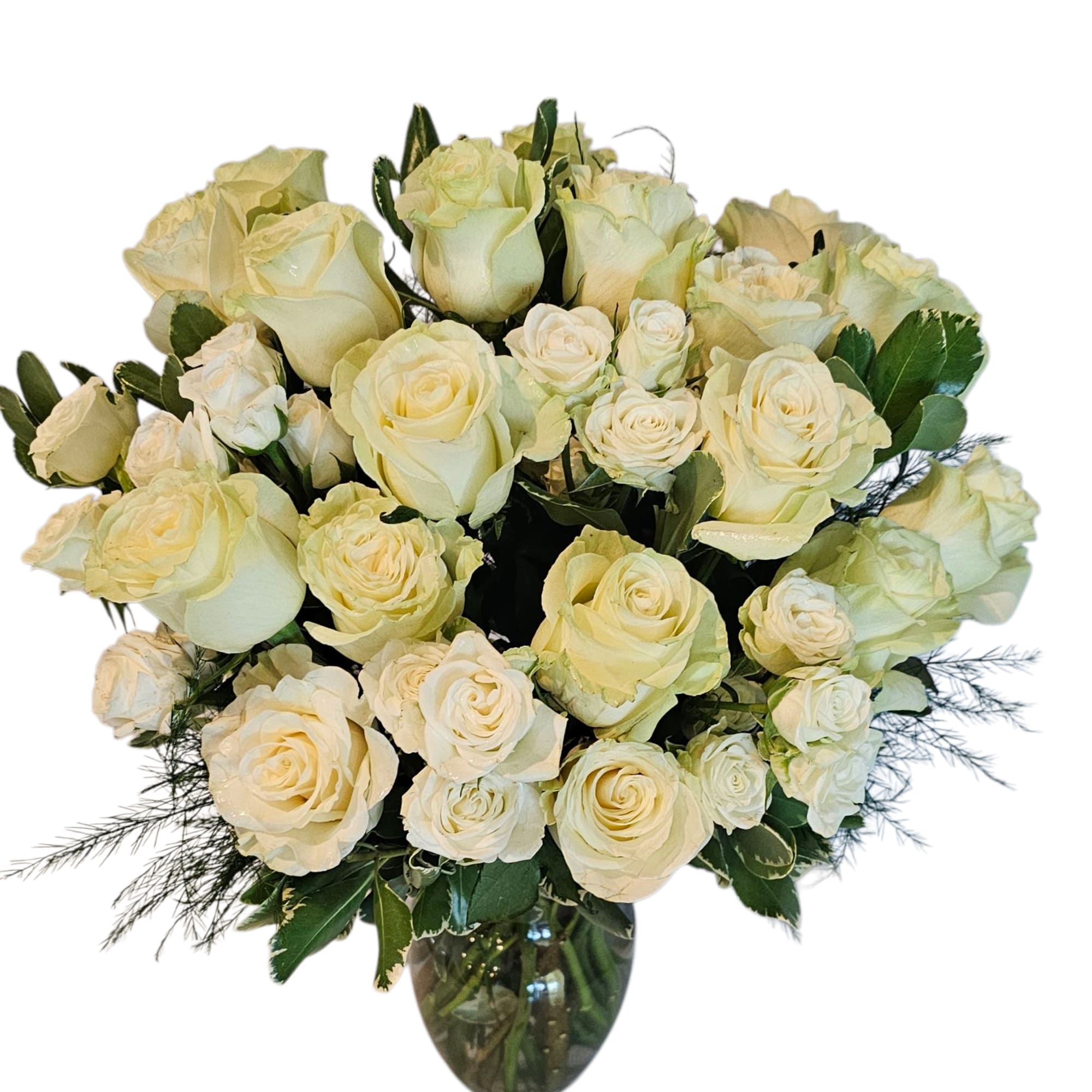 Fifteen exquisite long-stemmed white roses, arranged in a breathtaking bouquet.  These