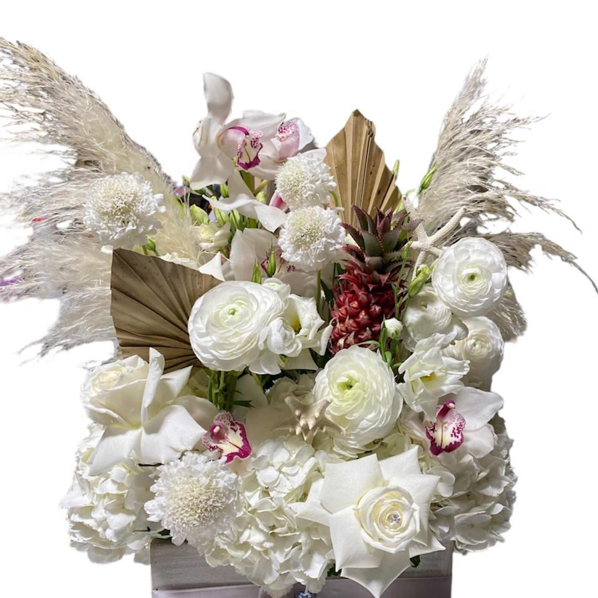 A large white wood box fill with premium blooms with accent of