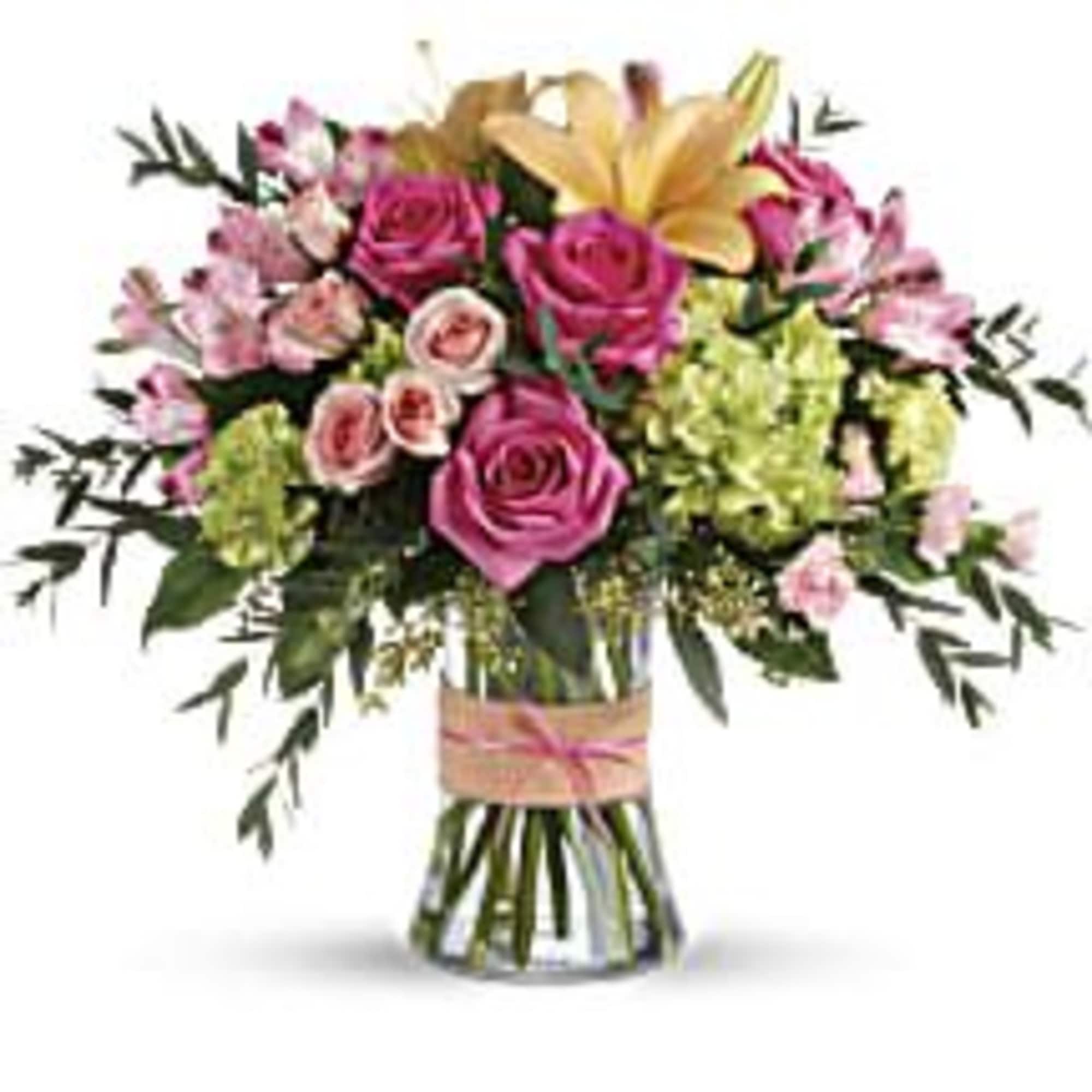 Go ahead, make them blush! This luxurious bouquet of roses, lilies and