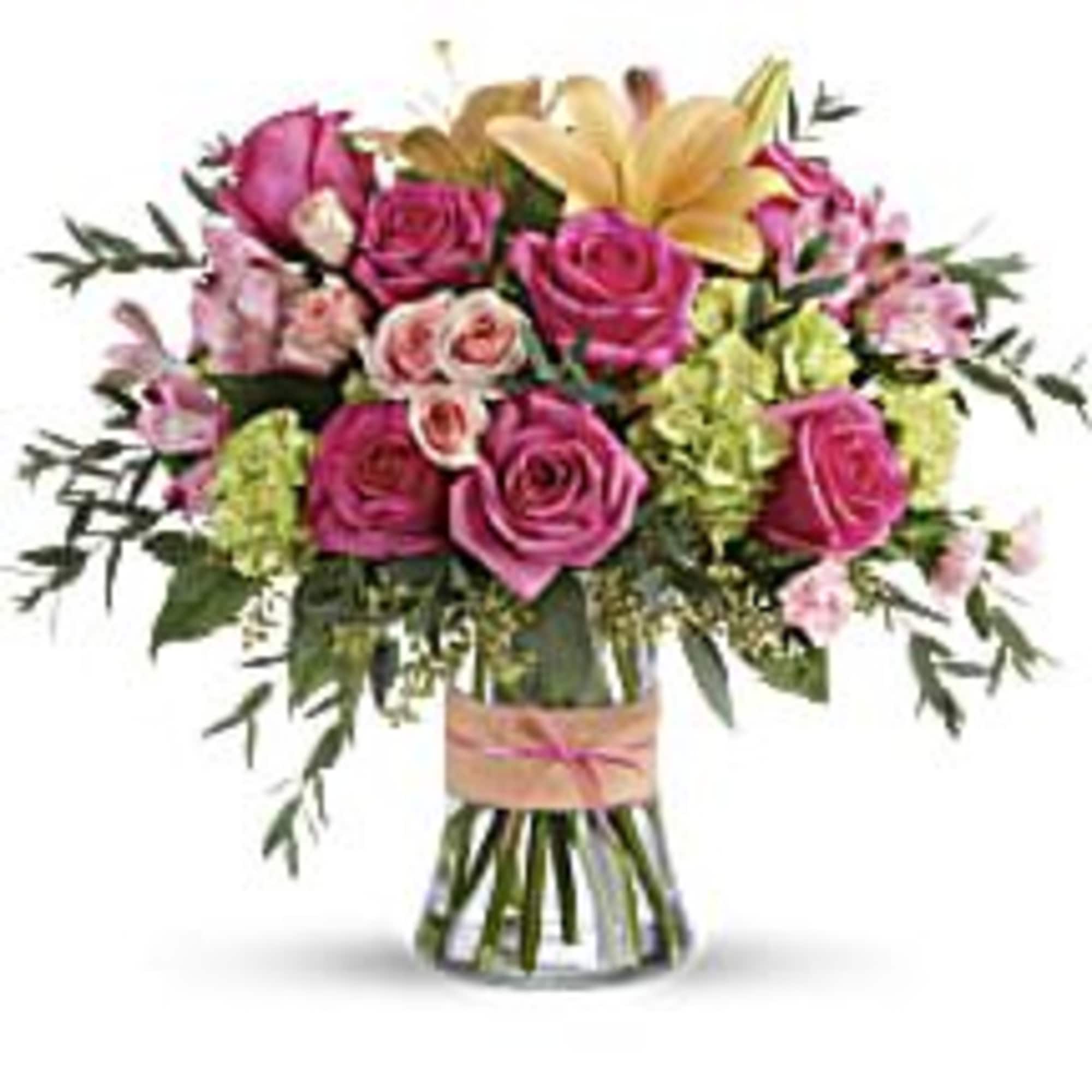Go ahead, make them blush! This luxurious bouquet of roses, lilies and