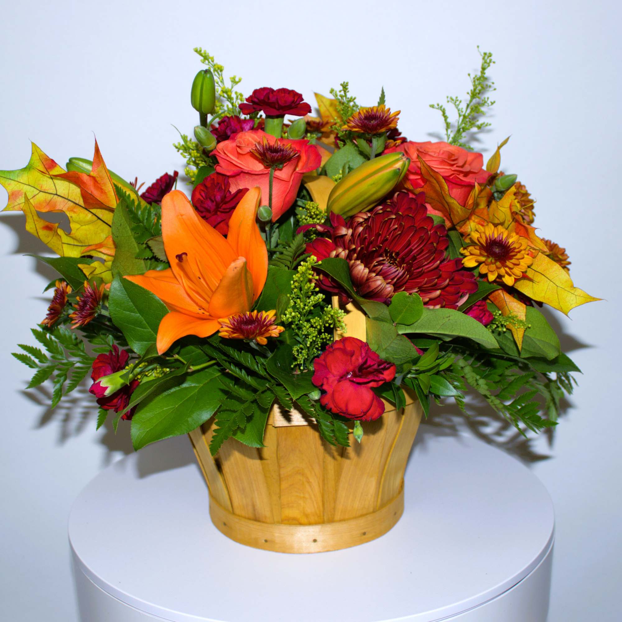 Fresh Cut Fall Flowers in a Small Bamboo Basket