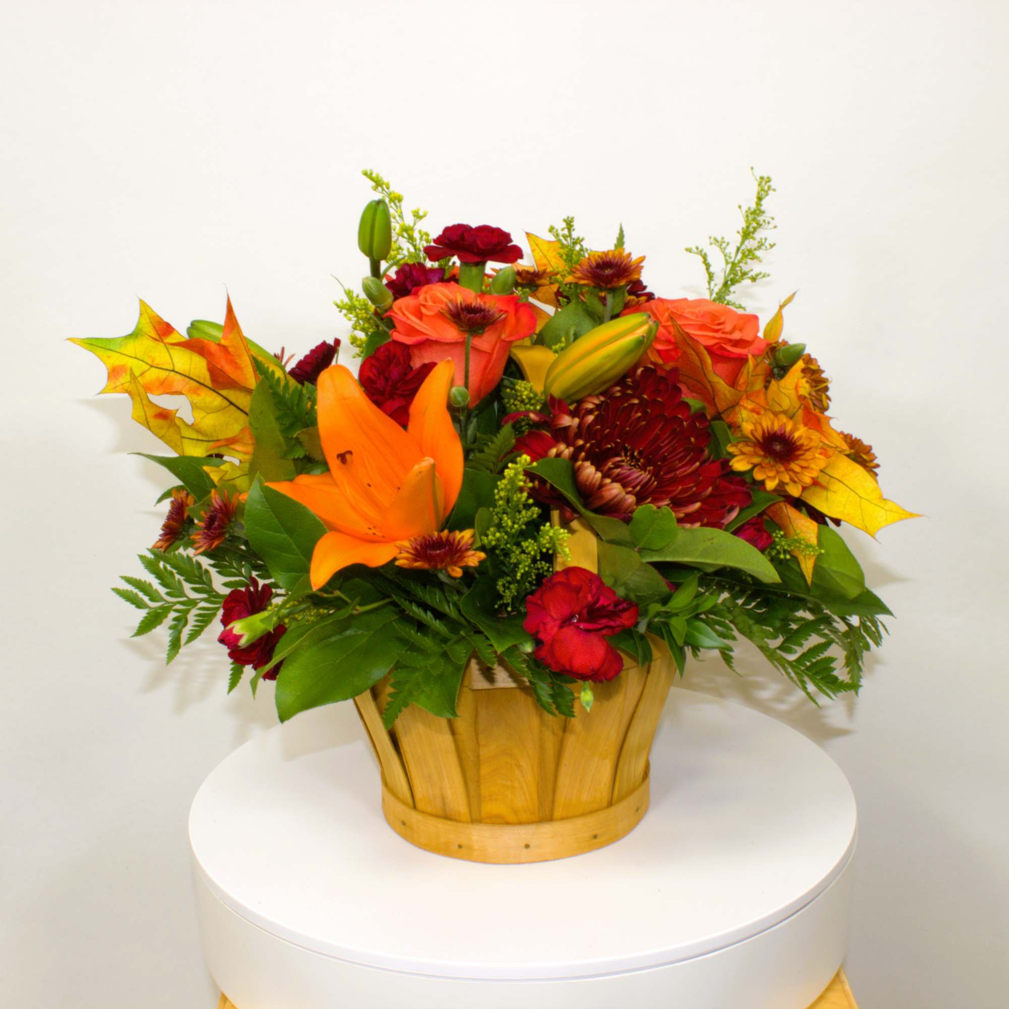 Fresh Cut Fall Flowers in a Small Bamboo Basket