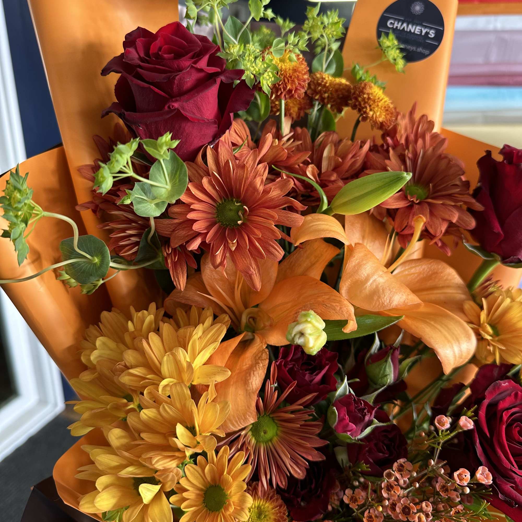 Beautiful fall wrap in fall colors. An eyecatcher for everyone! (no vase Beautiful fall wrap in fall colors. An eyecatcher for everyone! (no vase