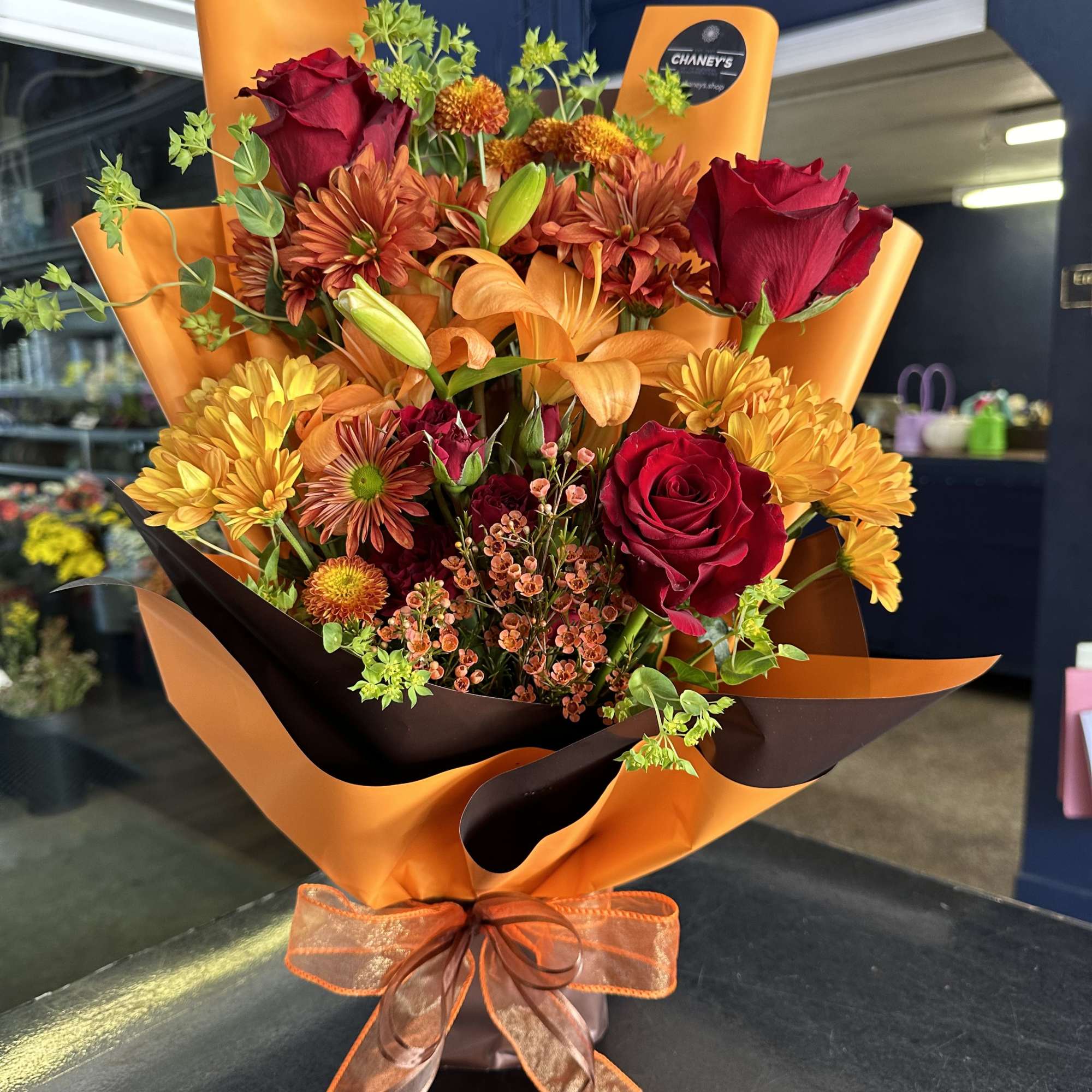 Beautiful fall wrap in fall colors. An eyecatcher for everyone! (no vase Beautiful fall wrap in fall colors. An eyecatcher for everyone! (no vase