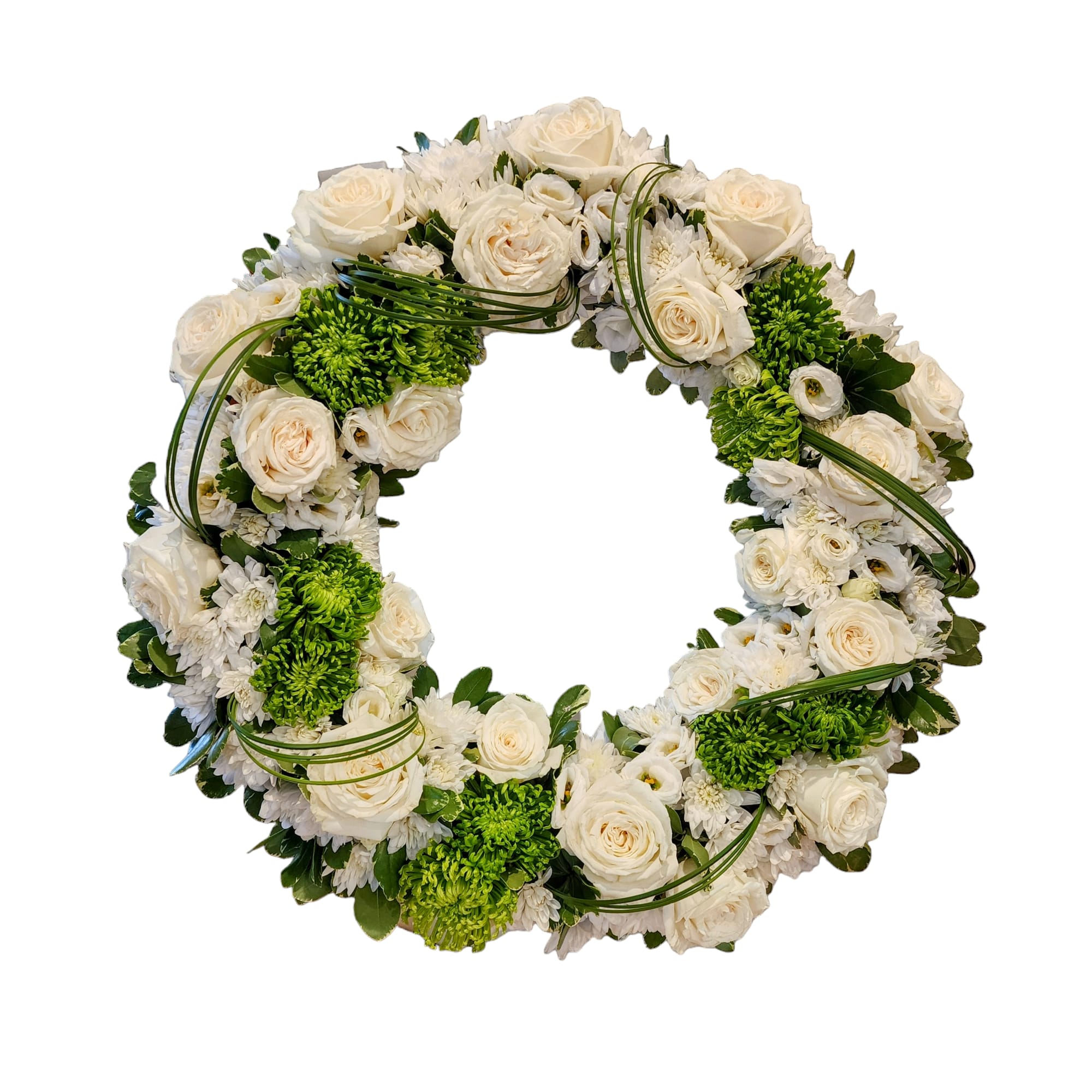 A beautiful white and green tribute wreath that calms, this easel arrangement A beautiful white and green tribute wreath that calms, this easel arrangement