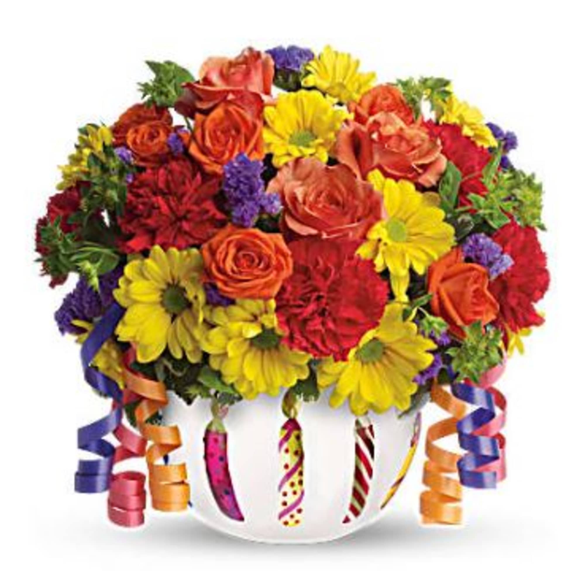 A frosted globe is decorated with birthday candles and filled with seasonal A frosted globe is decorated with birthday candles and filled with seasonal