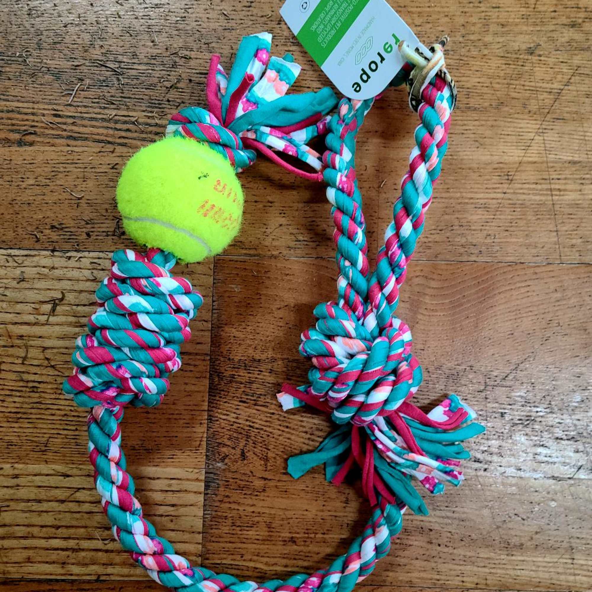Rerope Looper Barrel with Tennis Ball Upcycled Fabric Rope Dog Toys
