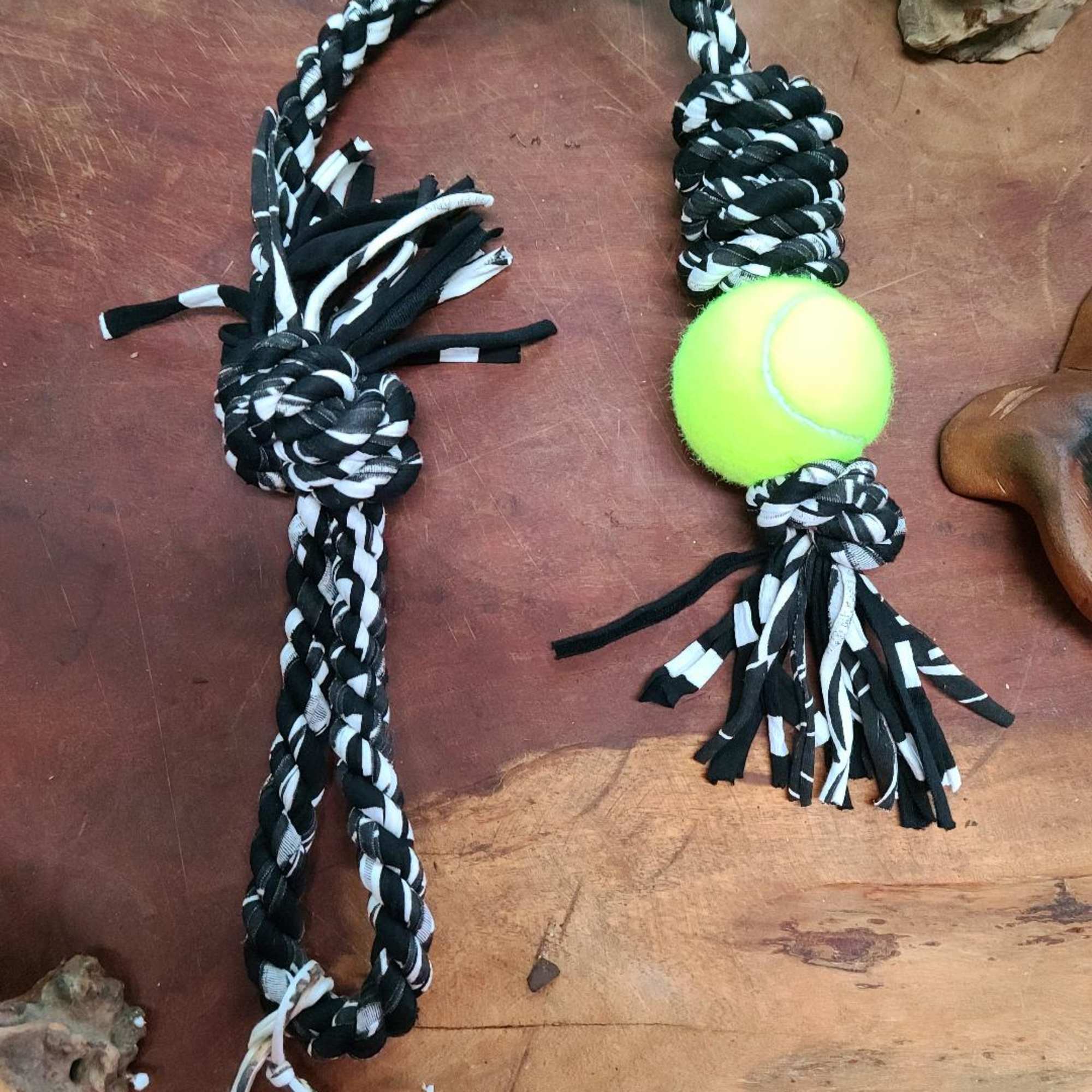 Rerope Looper Barrel with Tennis Ball Upcycled Fabric Rope Dog Toys
