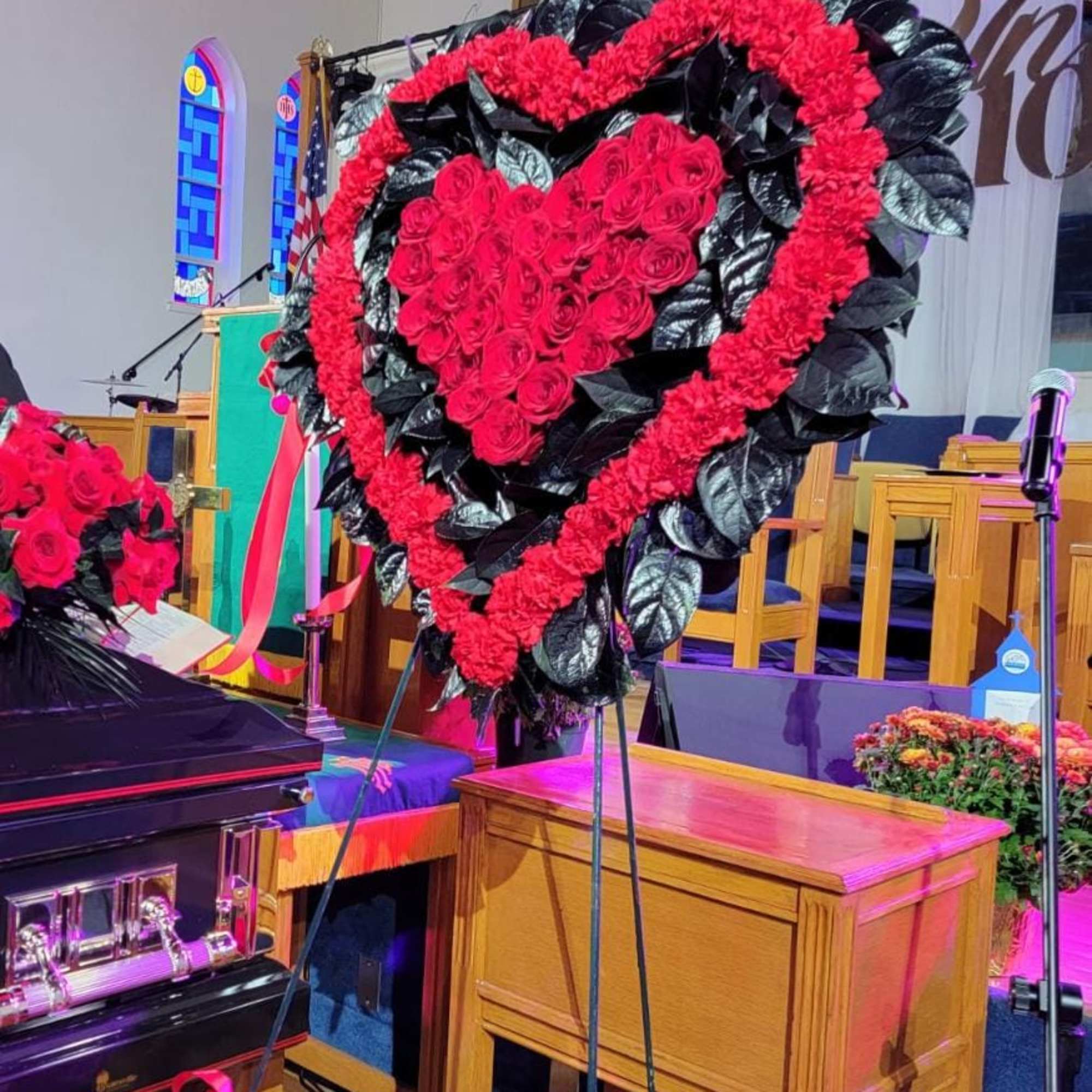 Red and black double heart.
40 Red carnations, 30 Red roses, 1bu of