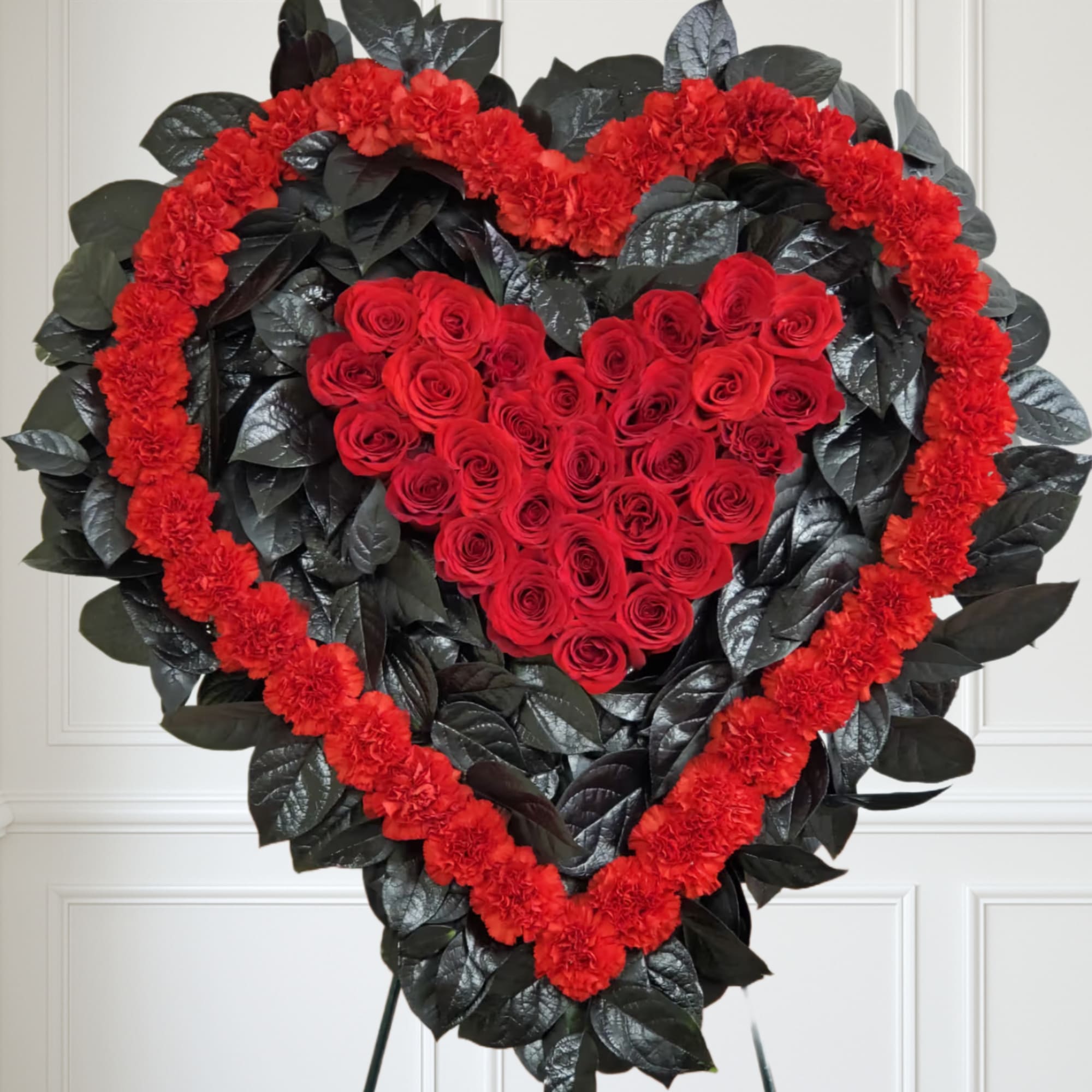 Red and black double heart.
40 Red carnations, 30 Red roses, 1bu of