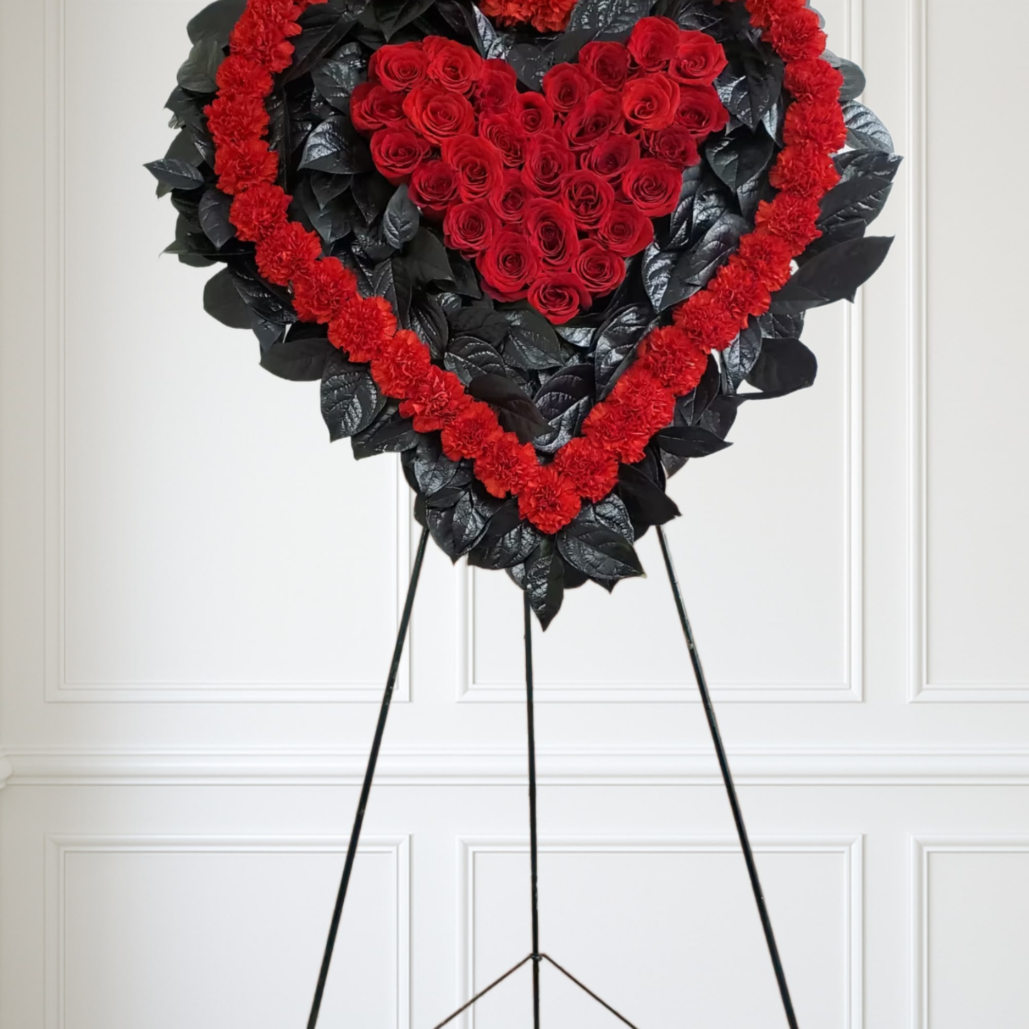 Red and black double heart.
40 Red carnations, 30 Red roses, 1bu of