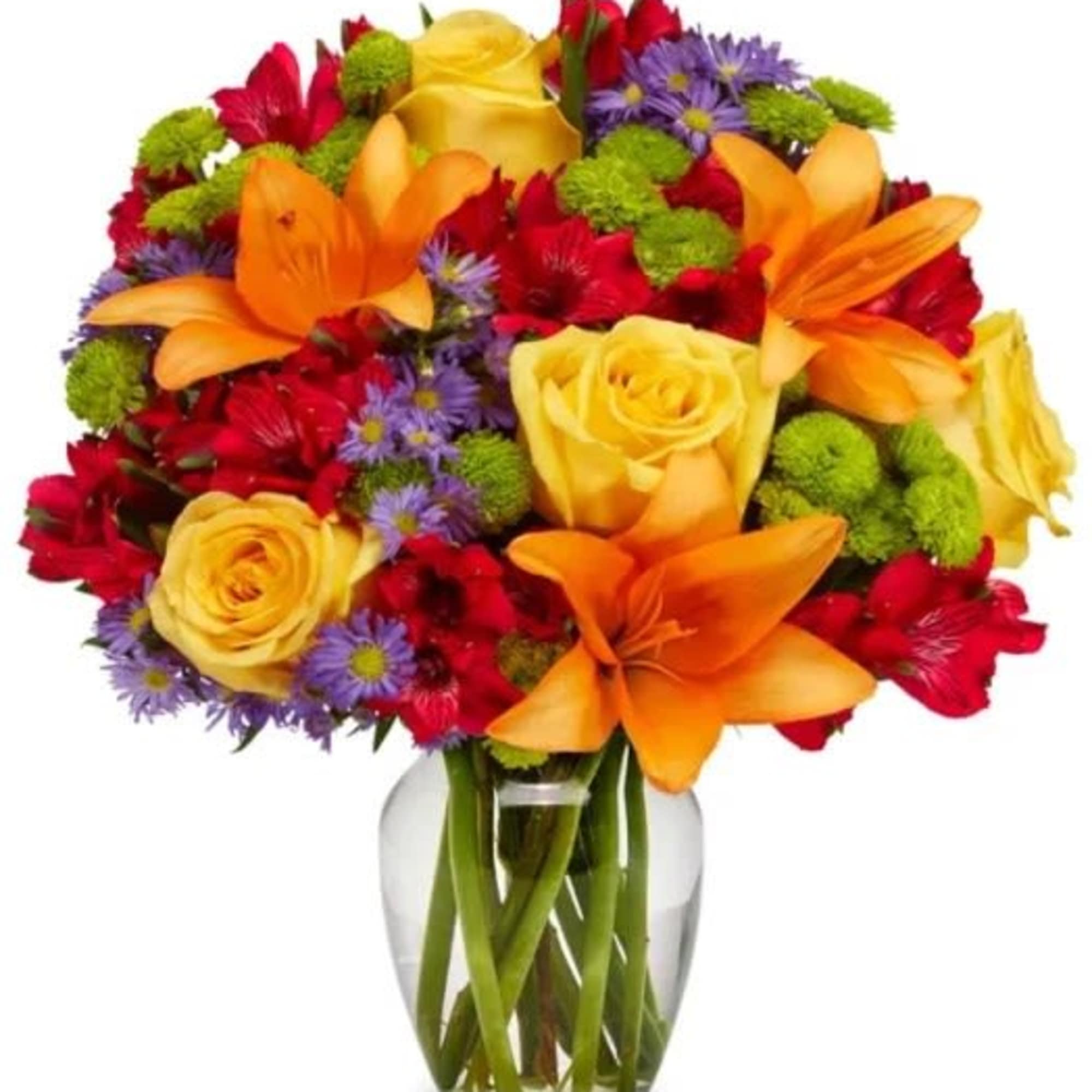 Arrangement includes orange lilies, yellow roses, red alstroemeria, purple montecasino, green pompon