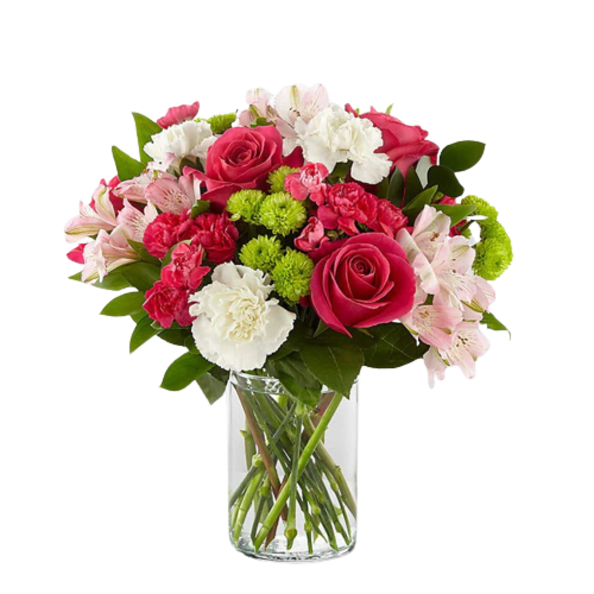 Arrangement in a glass vase includes hot pink roses, hot pink mini